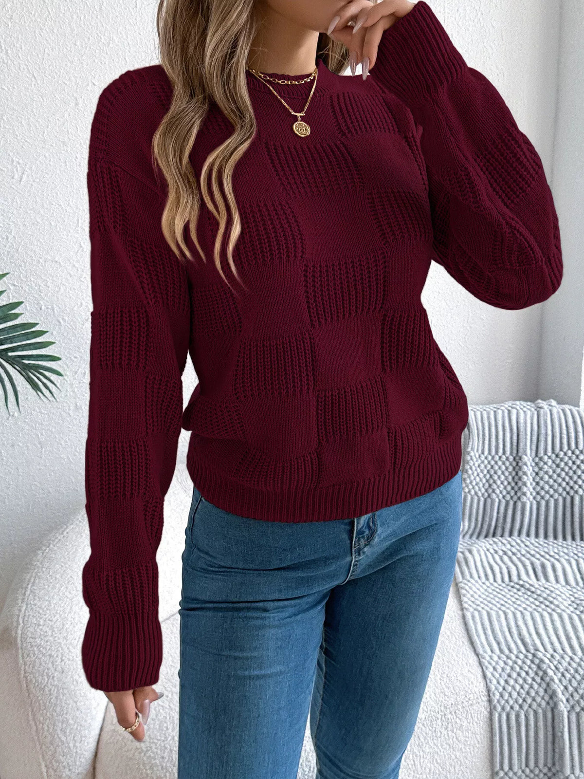 checkerboard textured knit sweater | dropsona - neutral - material texture