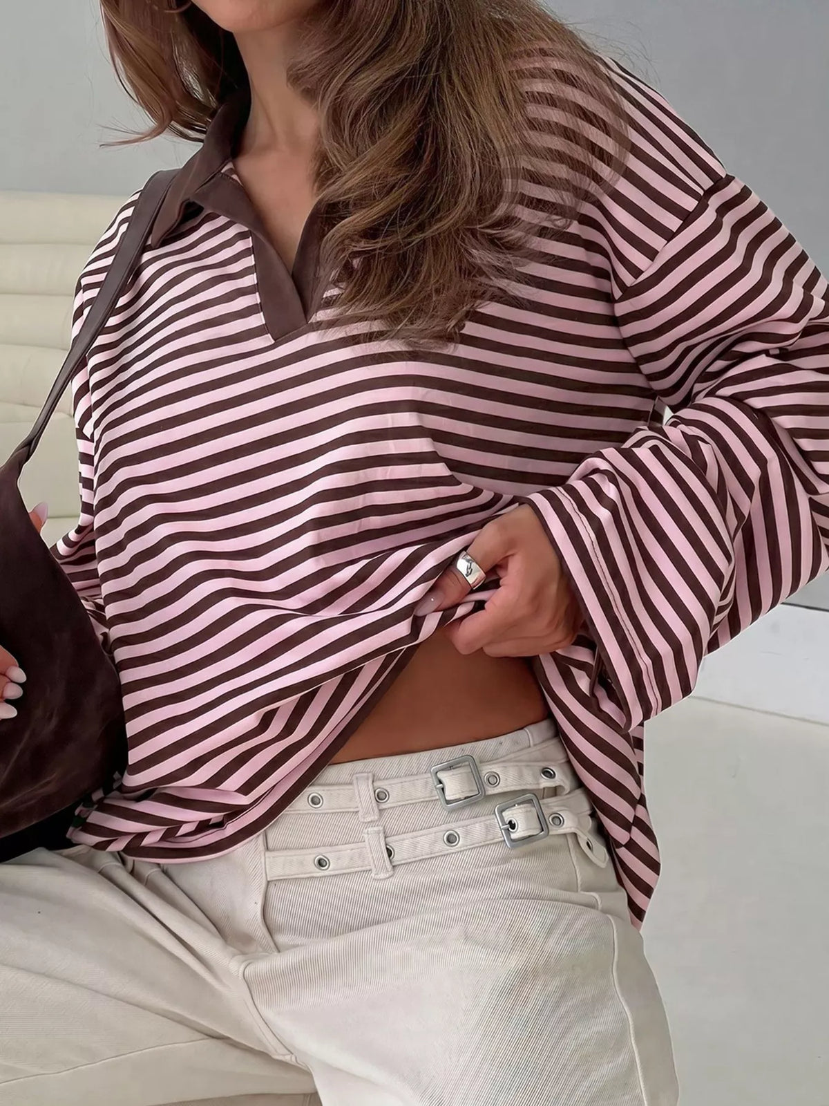 vintage striped polo collar long sleeve top | dropsona - neutral - close-up detail