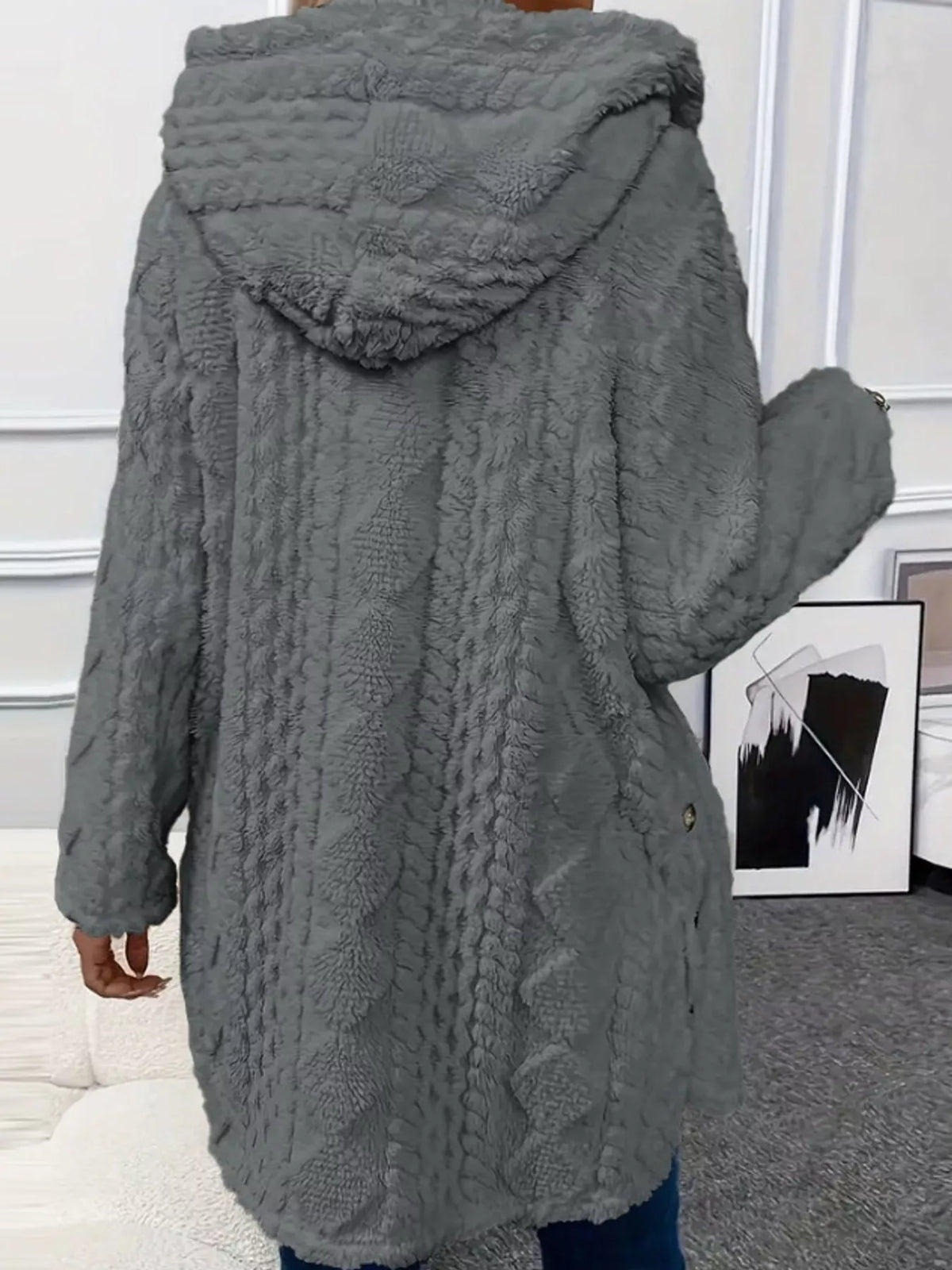 full size cozy cable-knit faux fur hooded outerwear | dropsona - neutral - size reference