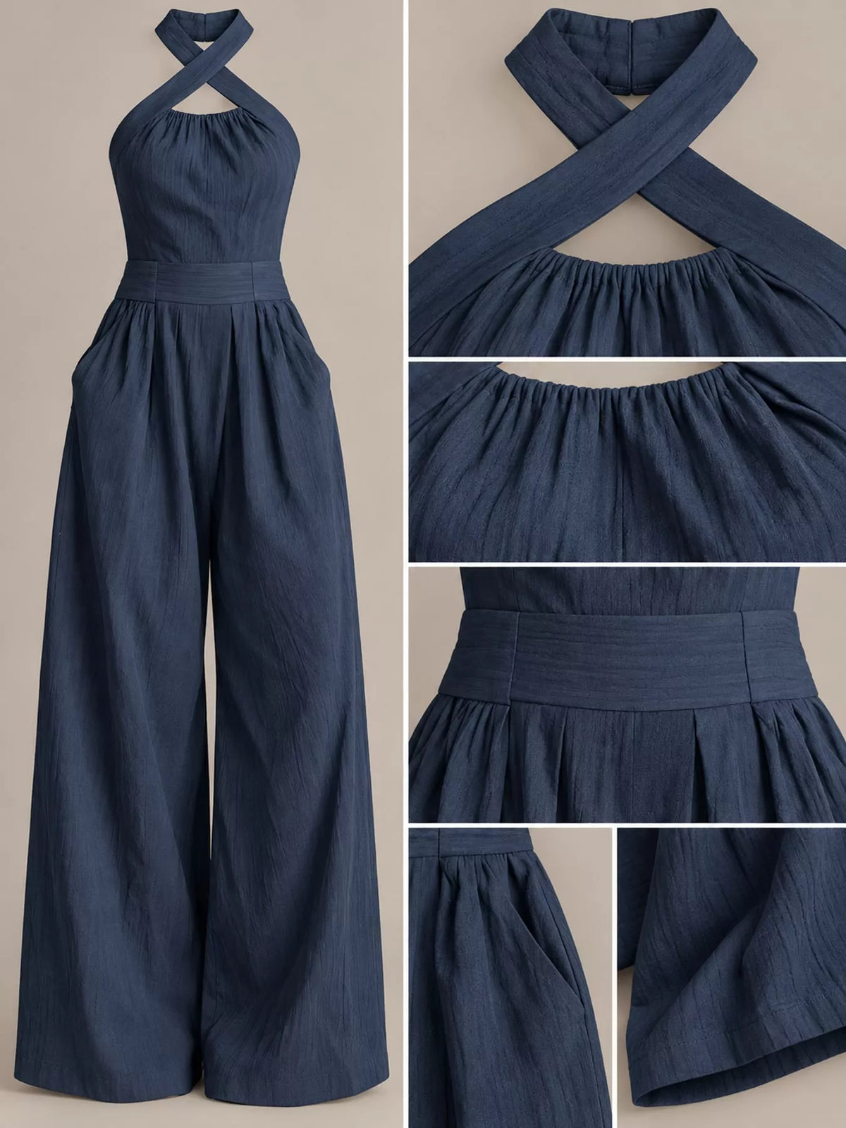 full size halter neck wide-leg jumpsuit plus | dropsona - neutral - close-up detail