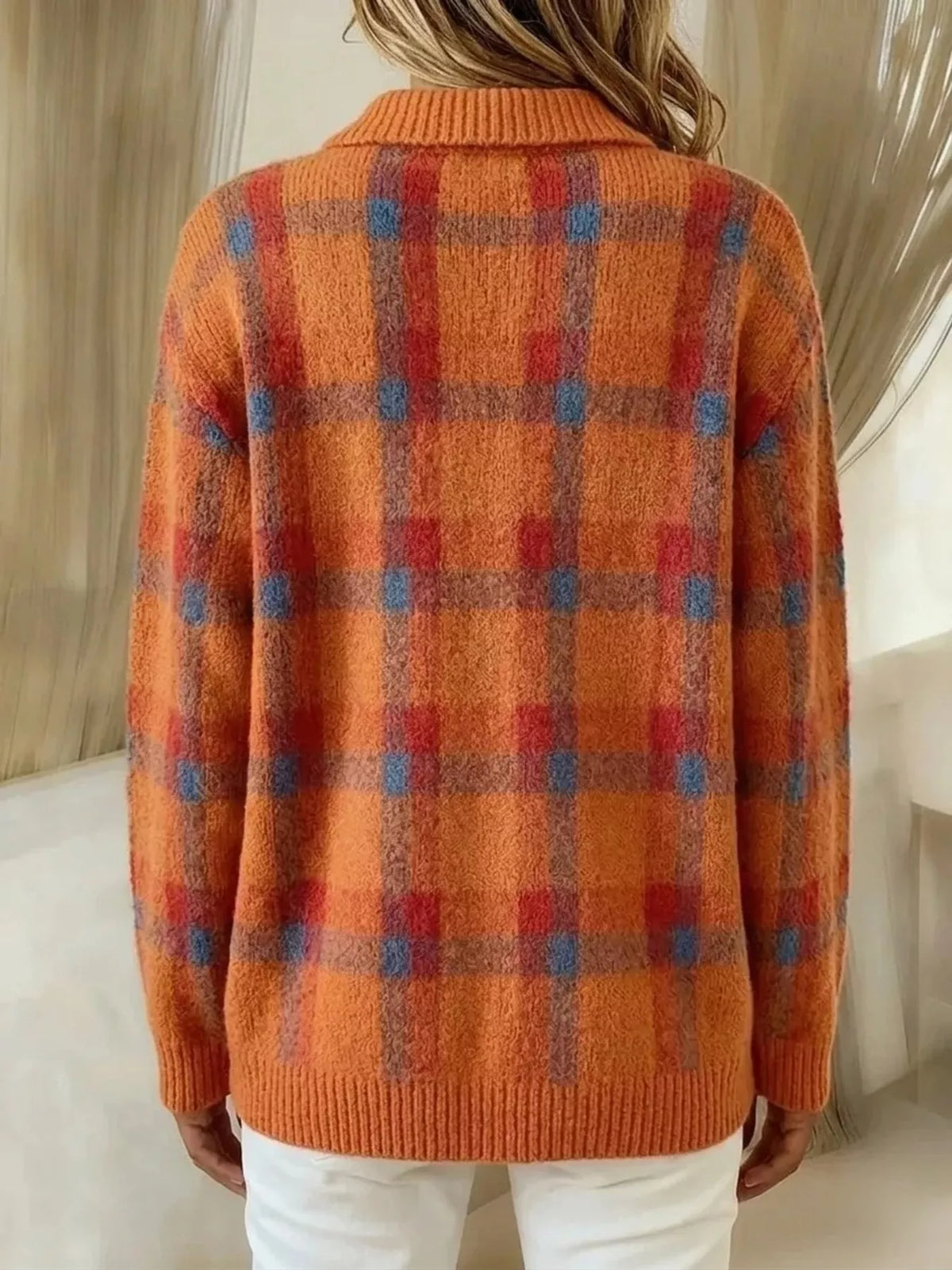 plaid button-up cardigan – buttoned | dropsona - neutral - close-up detail
