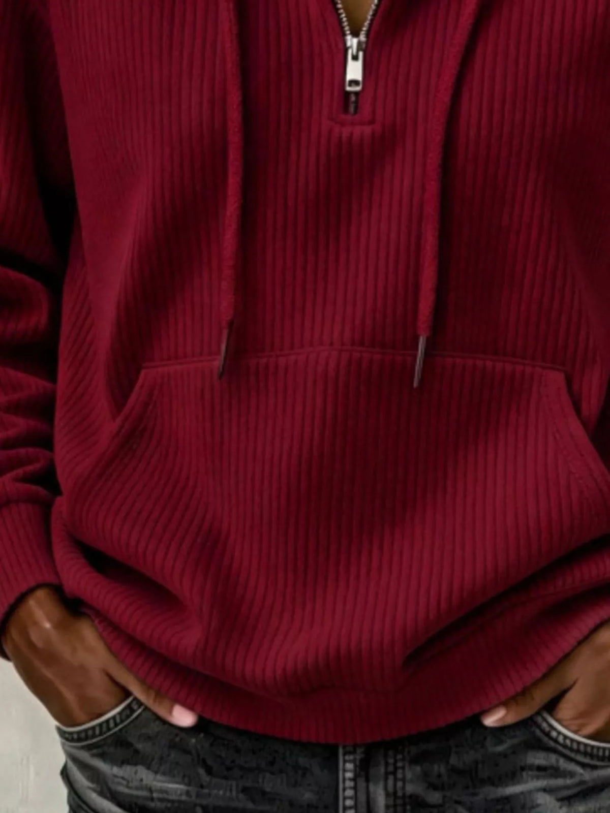 ribbed knit quarter-zip hoodie | dropsona - neutral - close-up detail