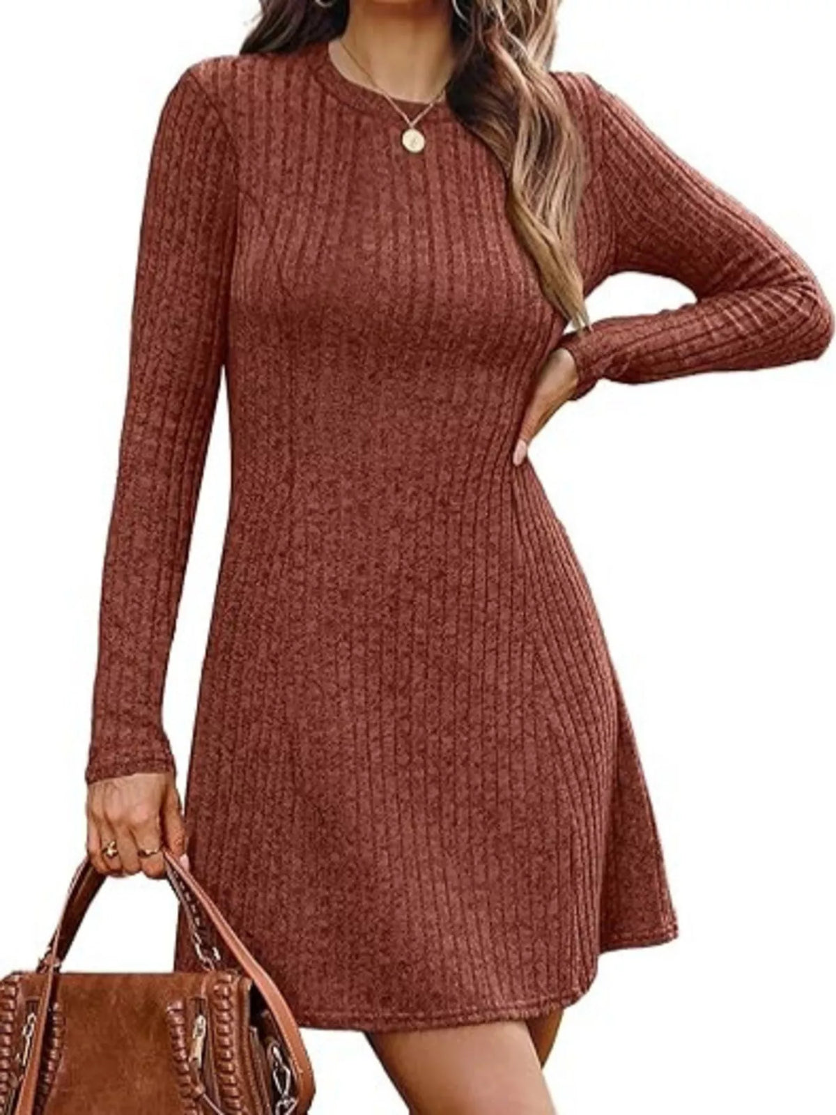 ribbed knit long sleeve slim fit dress – basic style | dropsona - neutral - everyday use