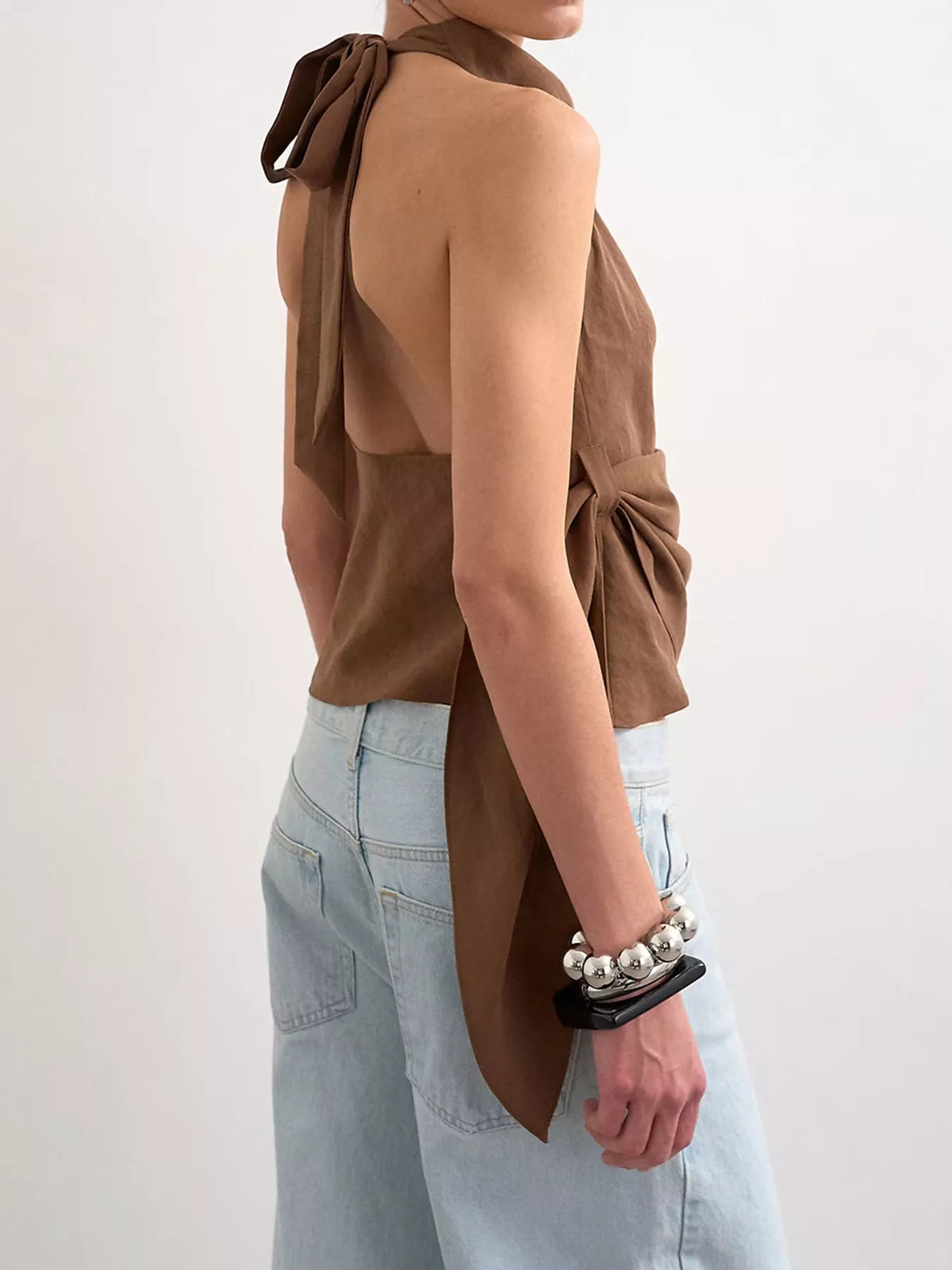 elegant halter neck draped tank top | dropsona - neutral - front view