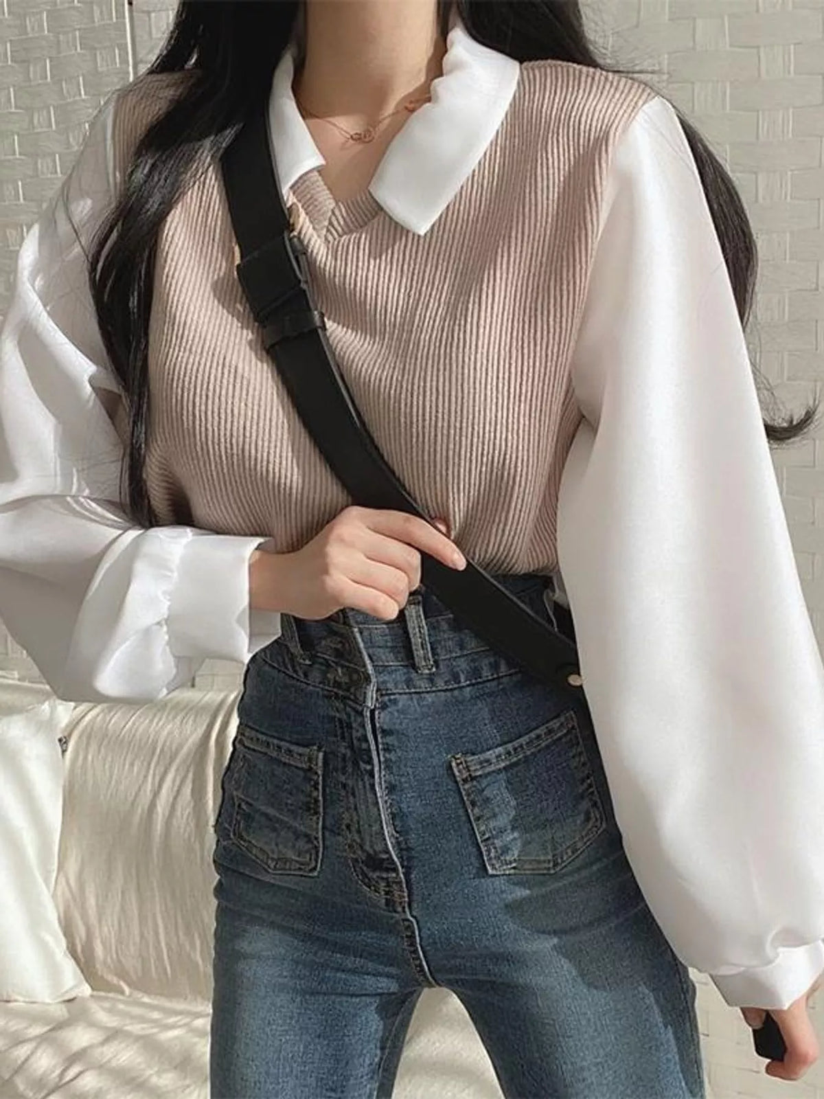 layered look long sleeve blouse – layered,ribbed fit | dropsona - neutral - material texture