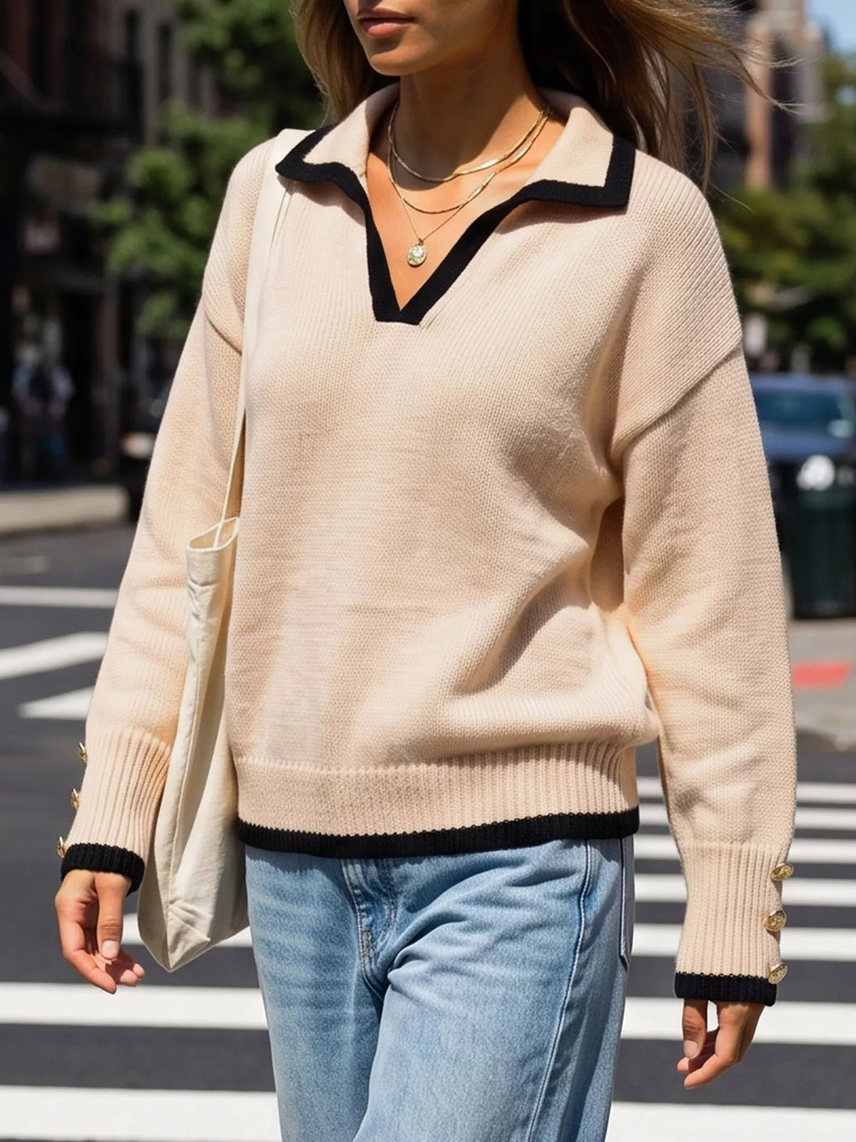 contrast trim polo collar sweater | dropsona - neutral - size reference