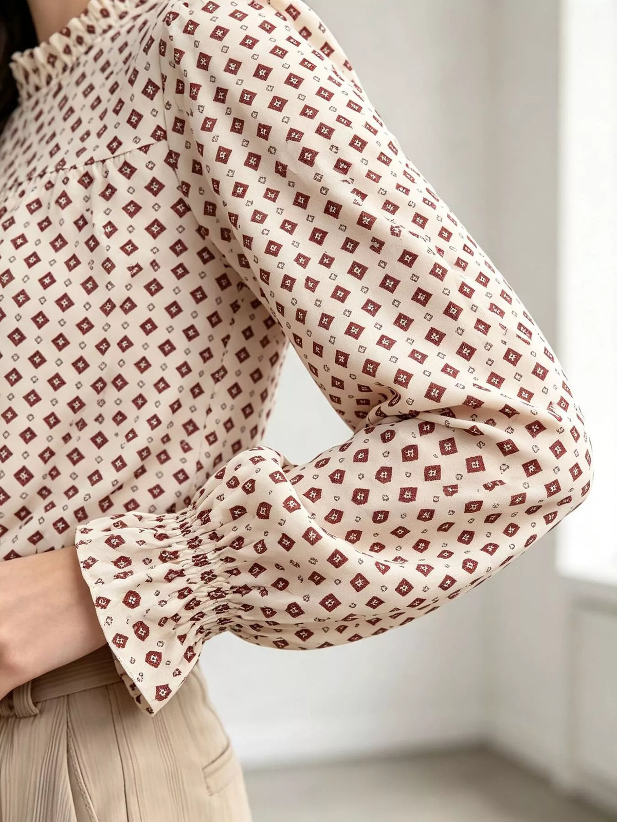 geometric print mock neck puff sleeves blouse | dropsona - neutral - packaging