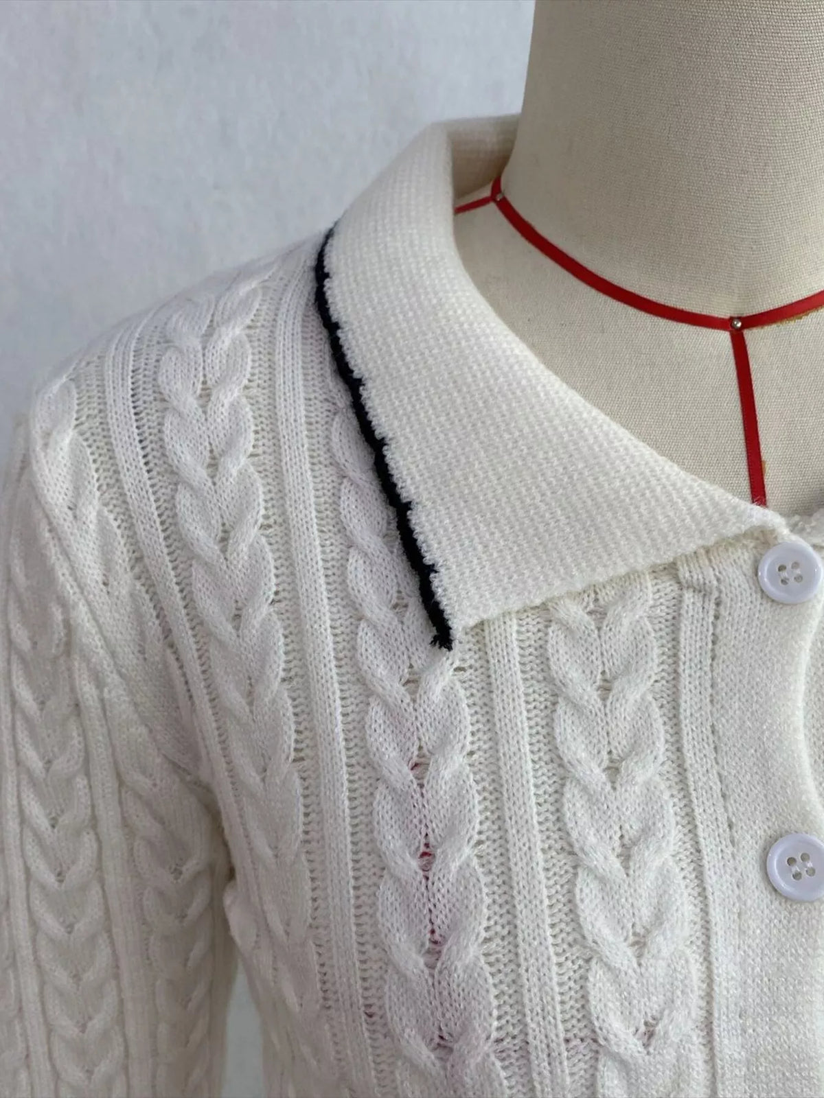 cable knit polo collar button-up cardigan | dropsona - neutral - front view