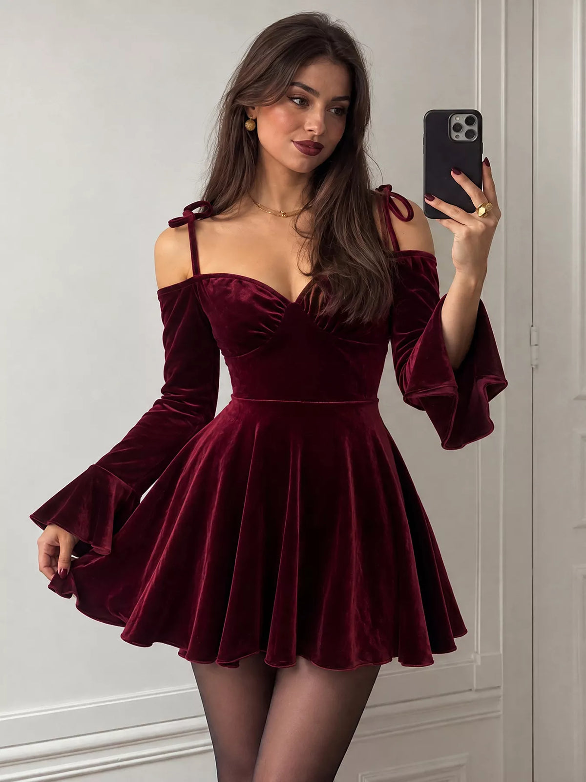 velvet tie shoulder mini dress – tied,ruffled | dropsona - neutral - everyday use
