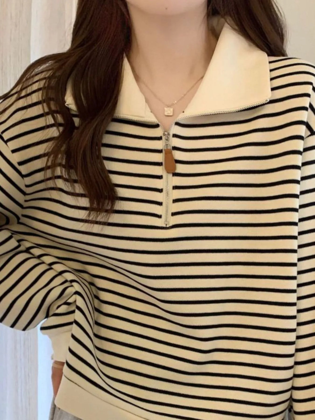 plus size striped quarter-zip pullover sweatshirt | dropsona - neutral - close-up detail