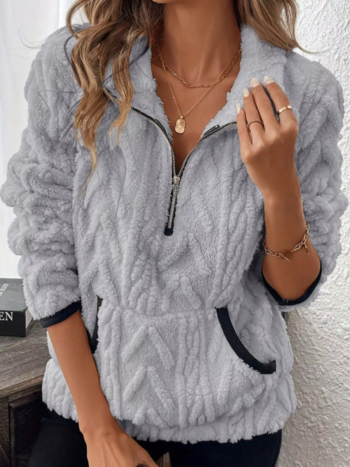 full size quarter-zip sherpa sweatshirt plus | dropsona - neutral - close-up detail