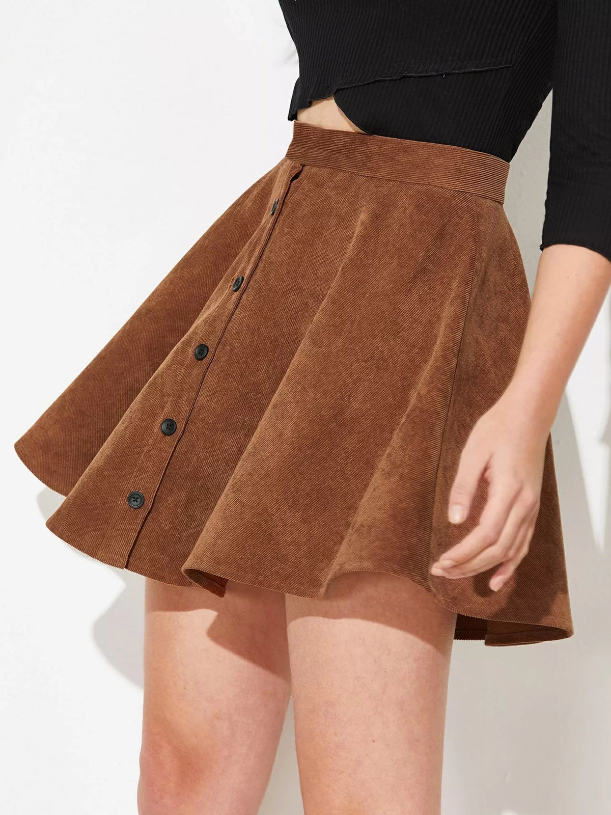 high-waisted a-line mini skirt – decorative button fit | dropsona - neutral - size reference