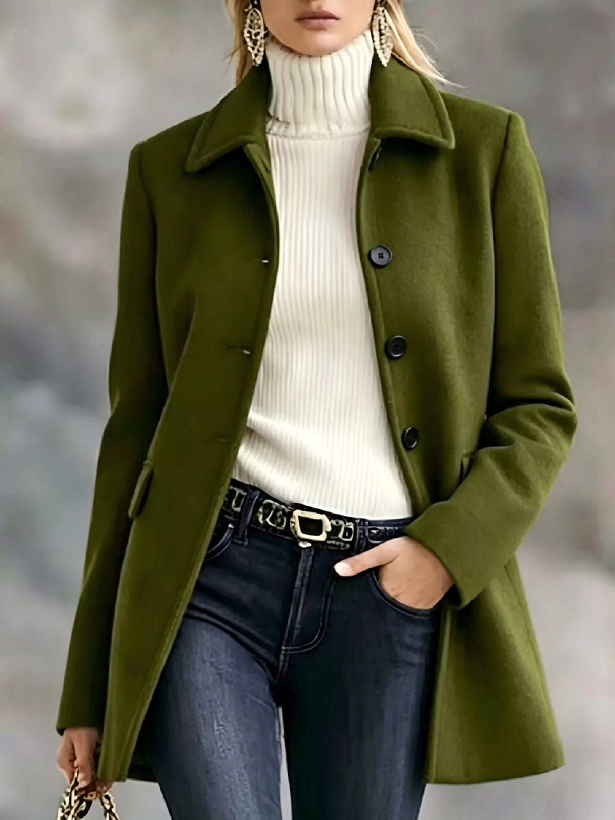 button up collared neck coat | dropsona - neutral - close-up detail