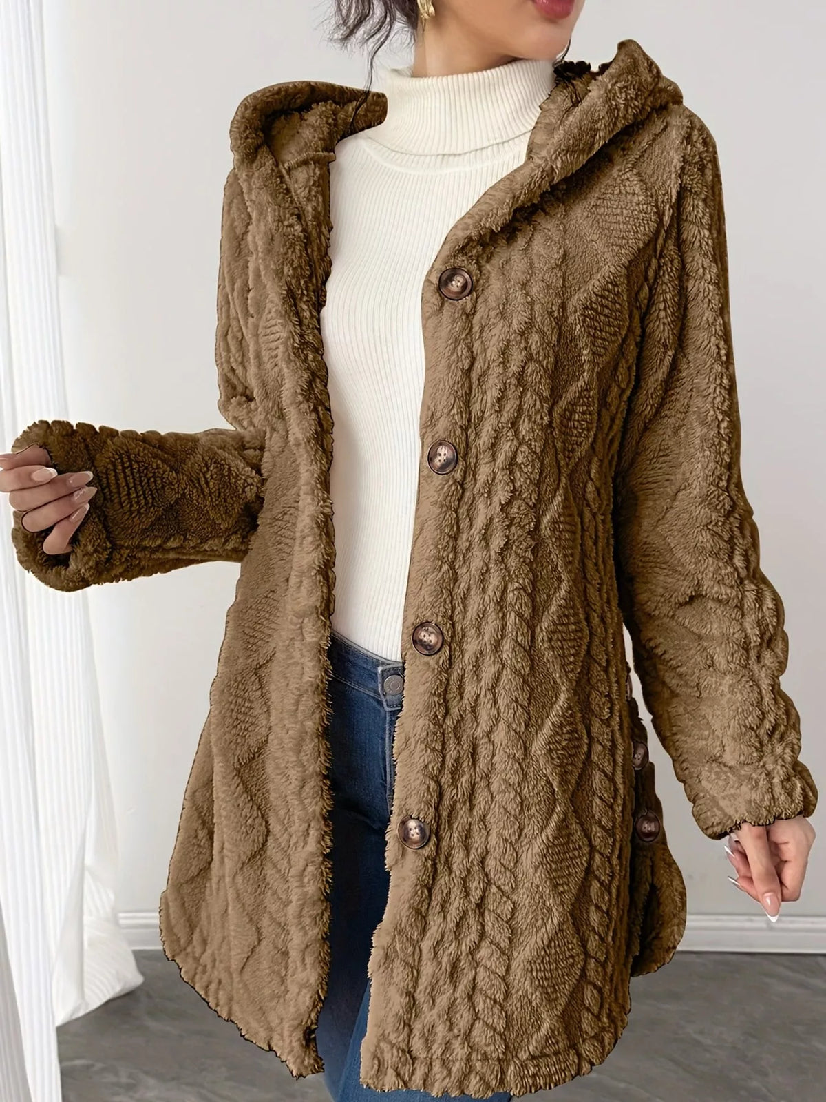 full size cozy cable-knit faux fur hooded outerwear | dropsona - neutral - size reference