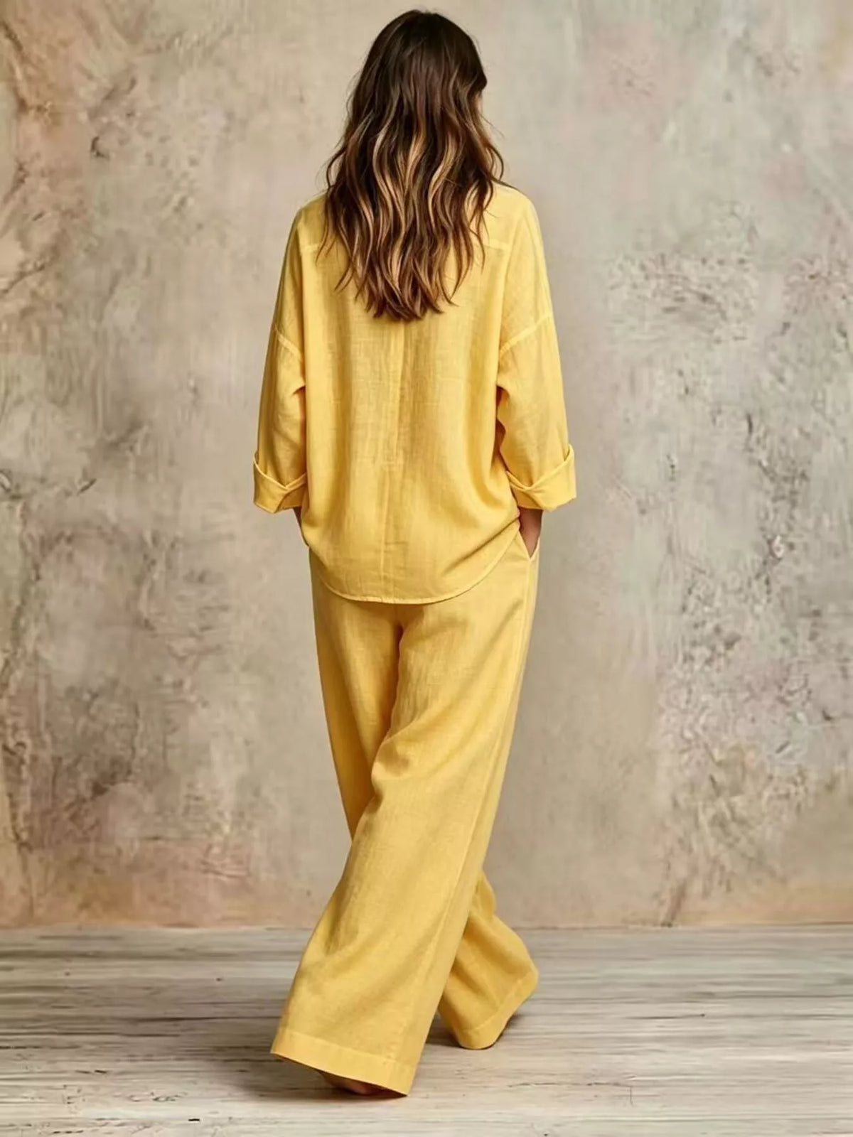 full size button-down shirt and wide-leg pants set | dropsona - neutral - close-up detail
