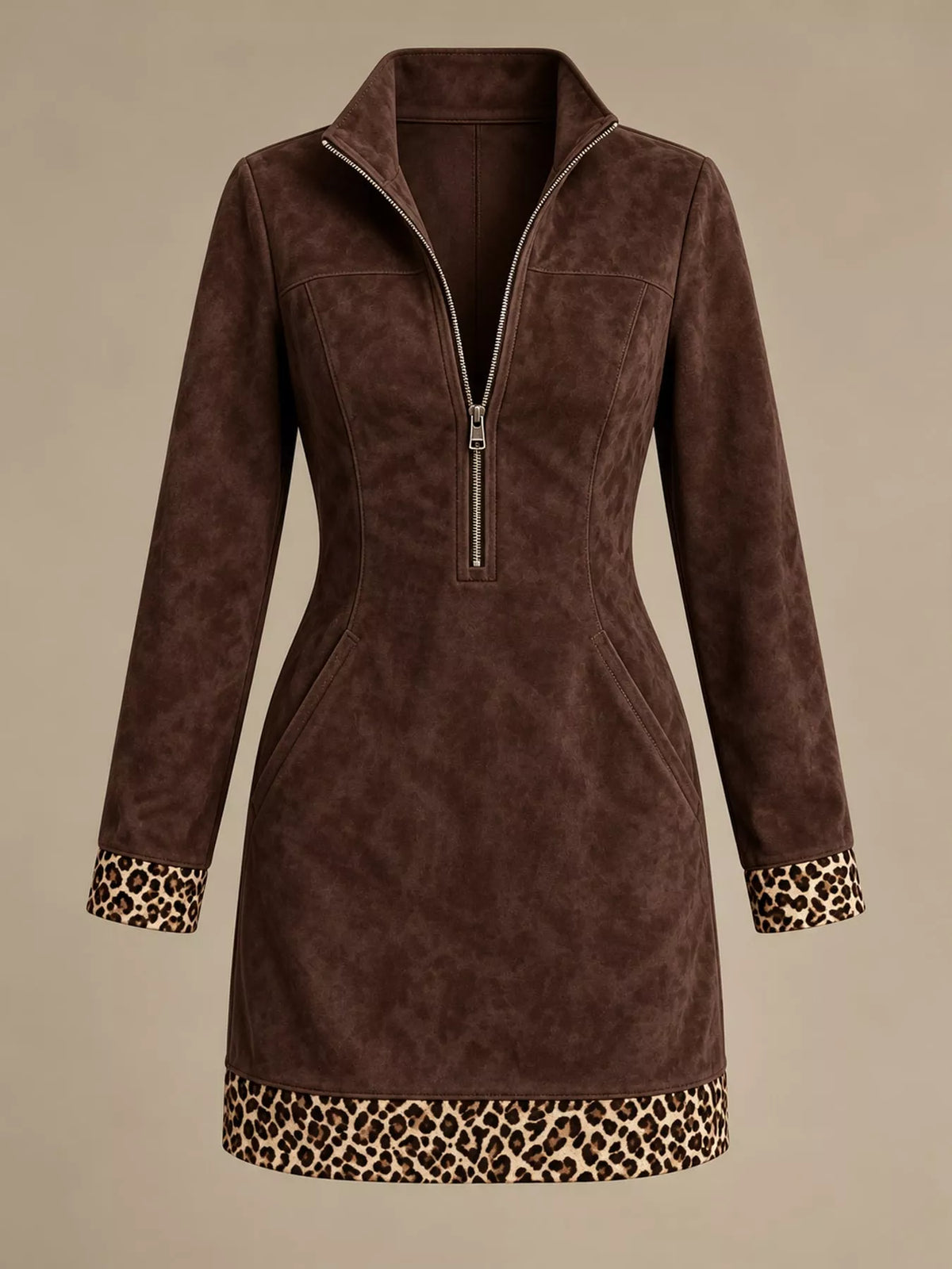 leopard half zip mini dress | dropsona polyester ≥95% - neutral - front view