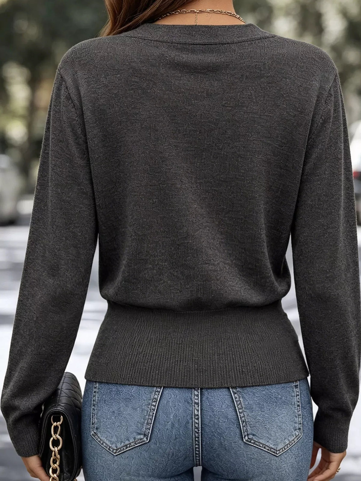 surplice elastic waist long sleeve knit top | dropsona - neutral - size reference