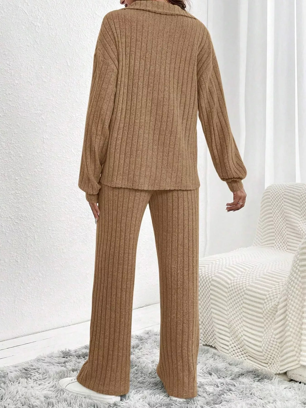 ribbed knit collared top and wide leg pants set | dropsona - neutral - usage example