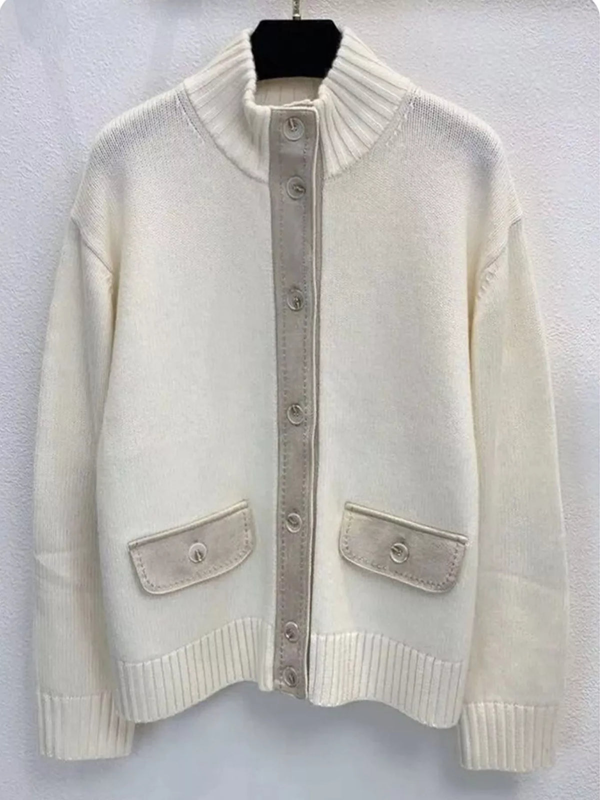 ribbed-knit mock neck cardigan – buttoned,pocketed fit | dropsona - neutral - material texture