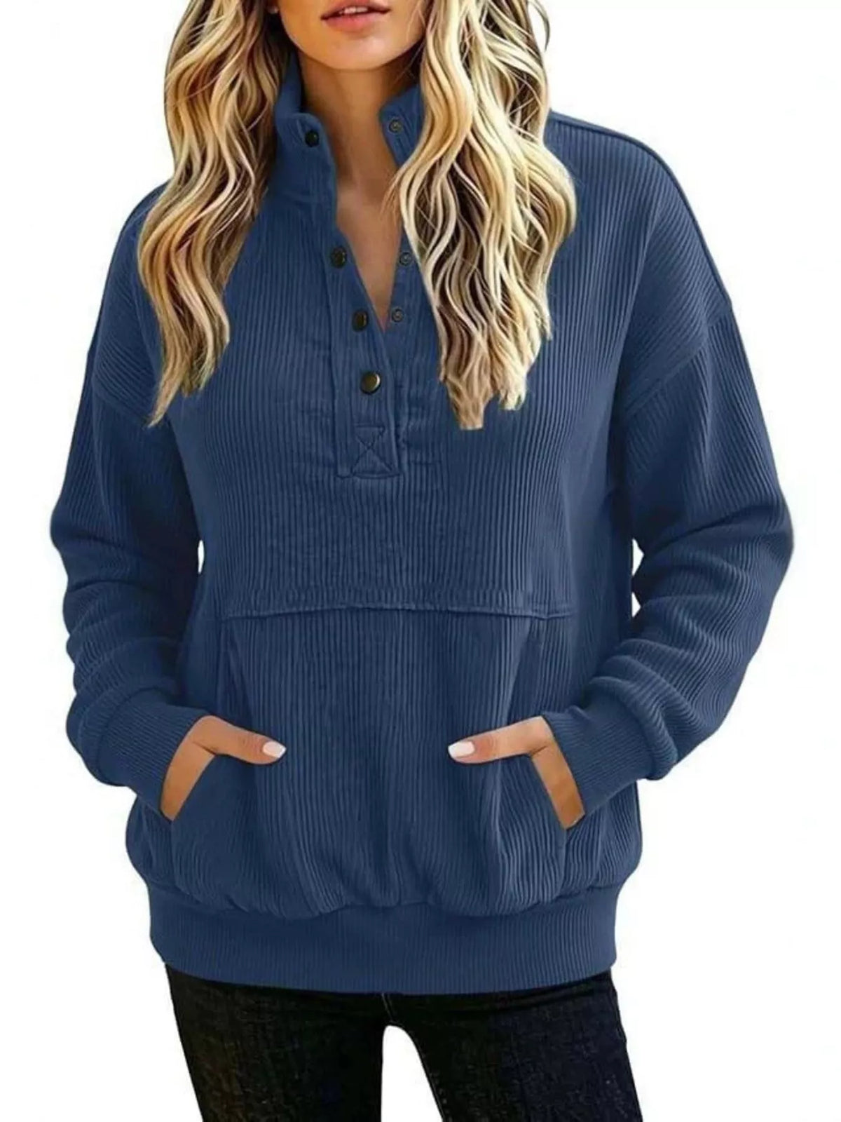 full size quarter snap kangaroo pocket sweatshirt | dropsona - neutral - close-up detail