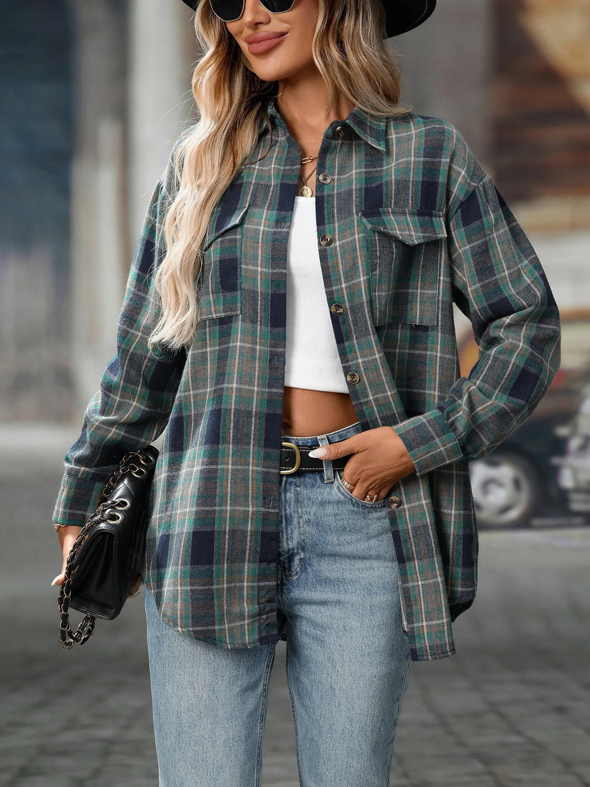 oversized plaid button-up shirt - front view