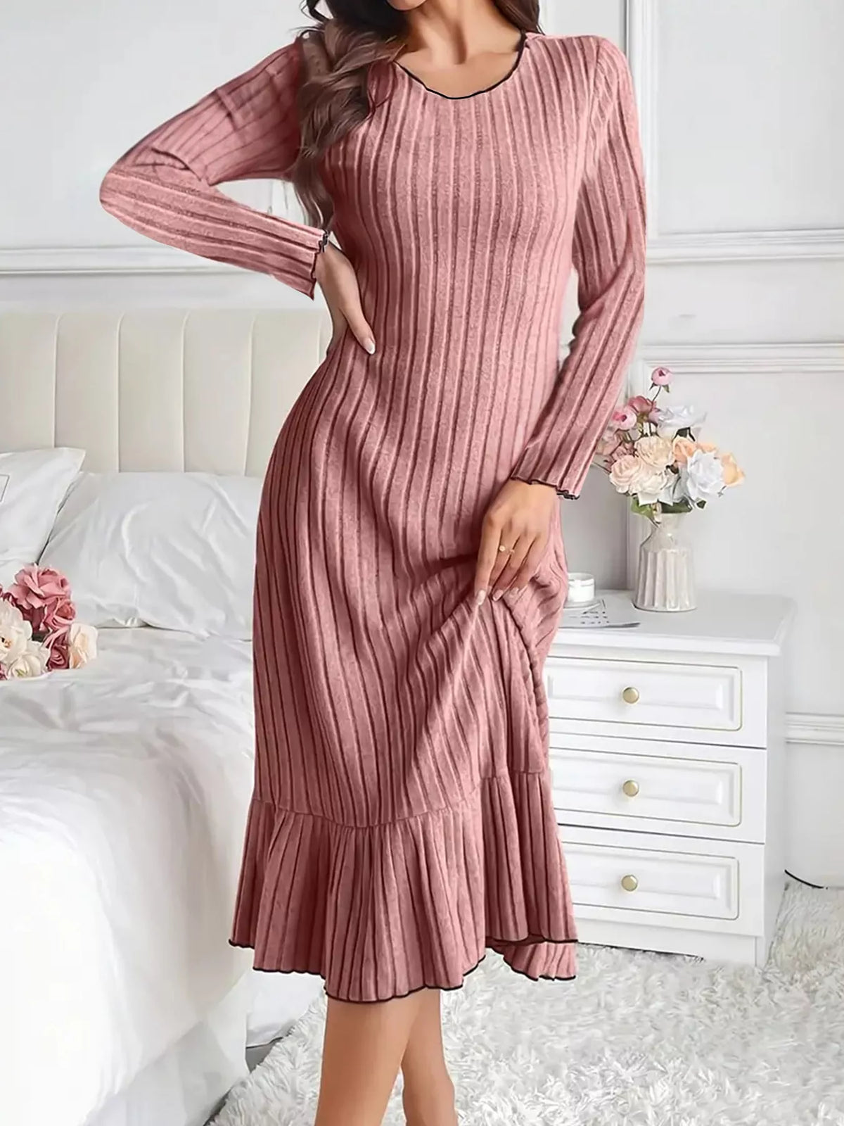 full size ribbed knit ruffle hem bodycon dress plus | dropsona - neutral - material texture