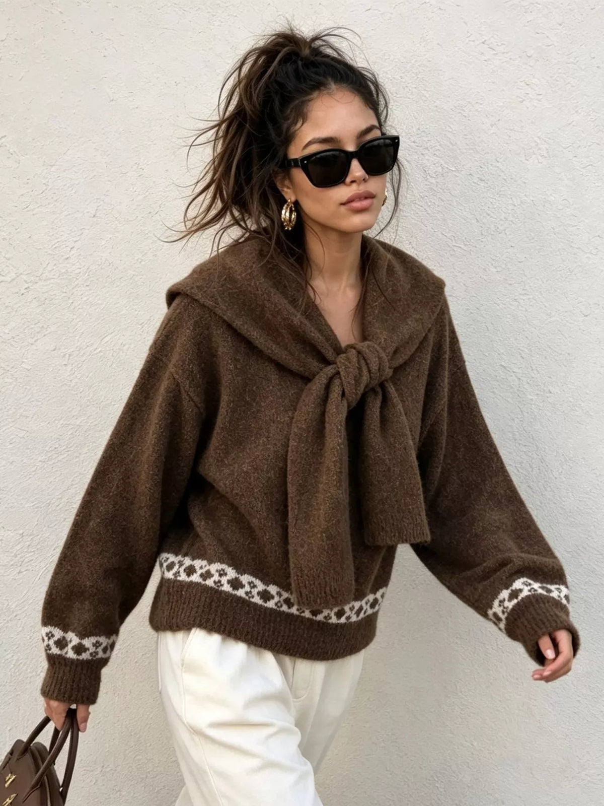 scarf detail dropped shoulder sweater – basic style | dropsona - neutral - material texture