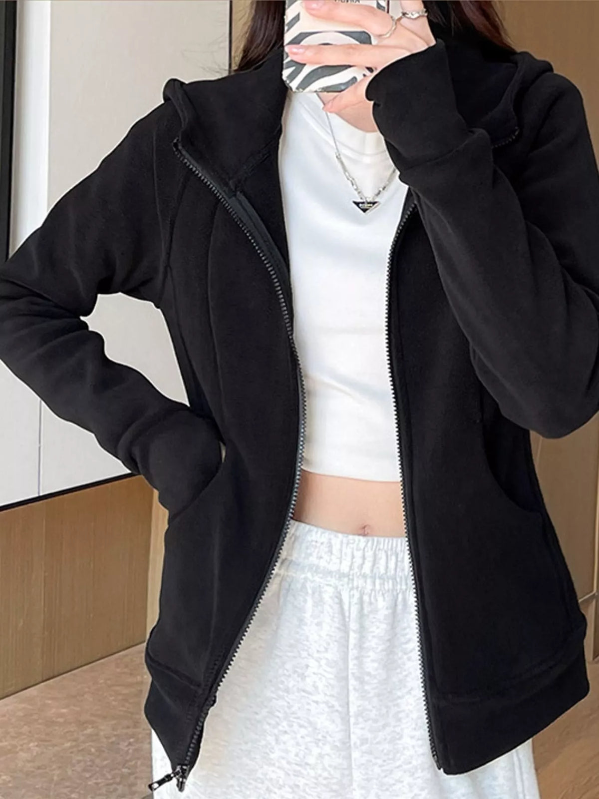 slim-fit full-zip thumb hole long sleeve hoodie with | dropsona - neutral - material texture
