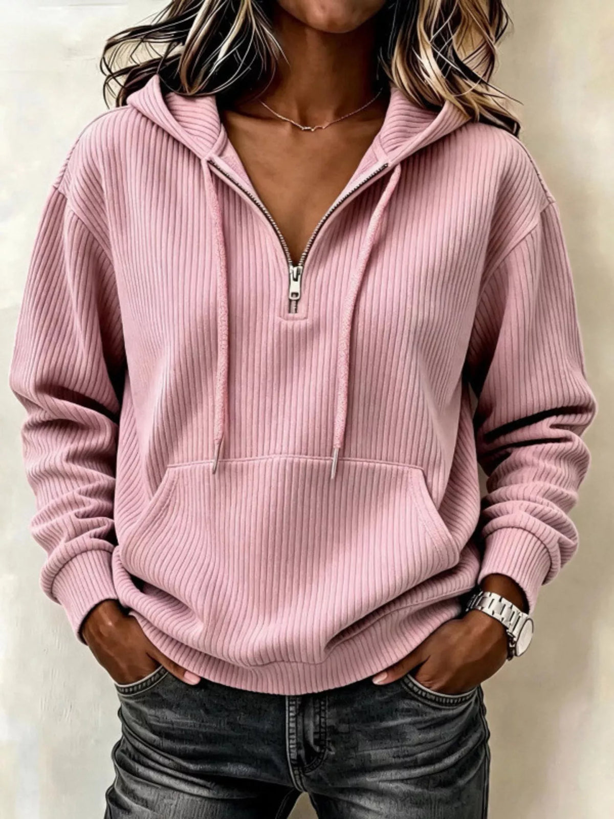 ribbed knit quarter-zip hoodie | dropsona - neutral - everyday use