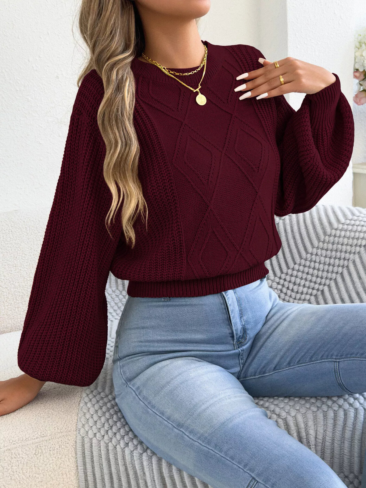 argyle pattern lantern sleeve knit sweater | dropsona - neutral - close-up detail