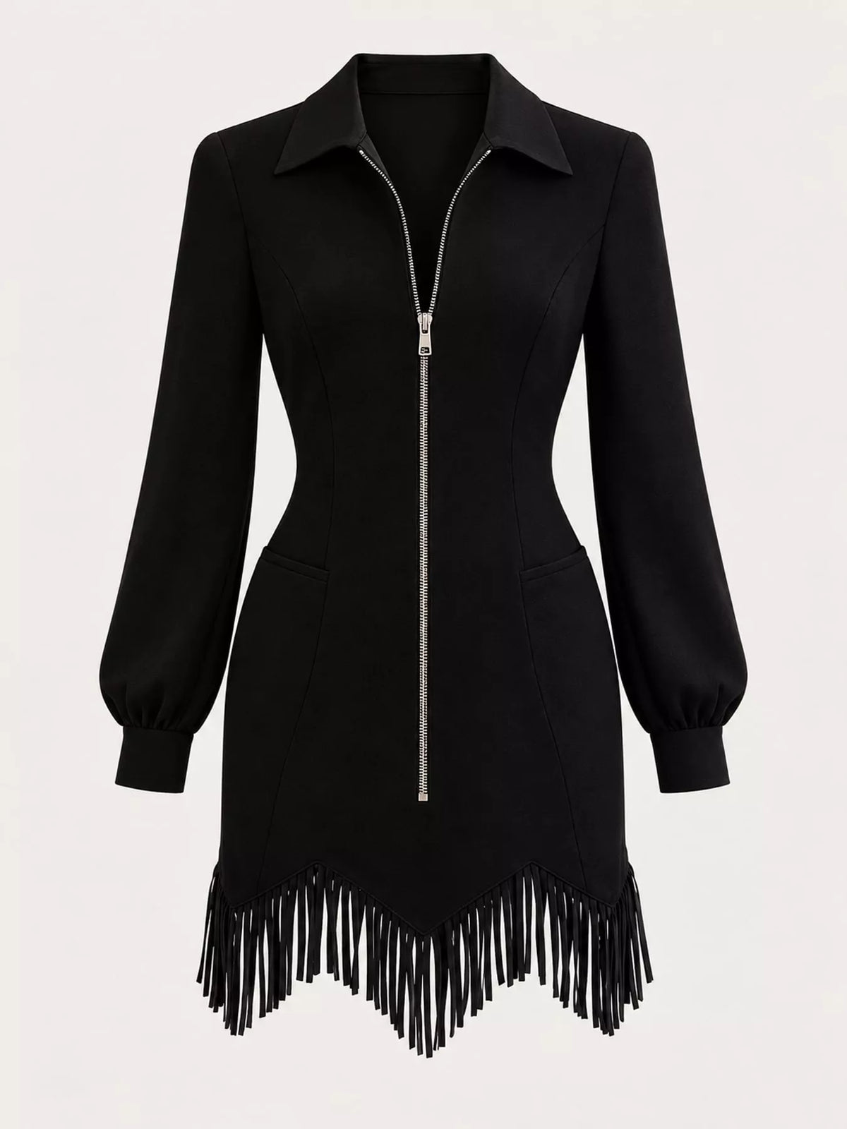 zip-front long sleeve fringe hem mini dress | dropsona - neutral - material texture