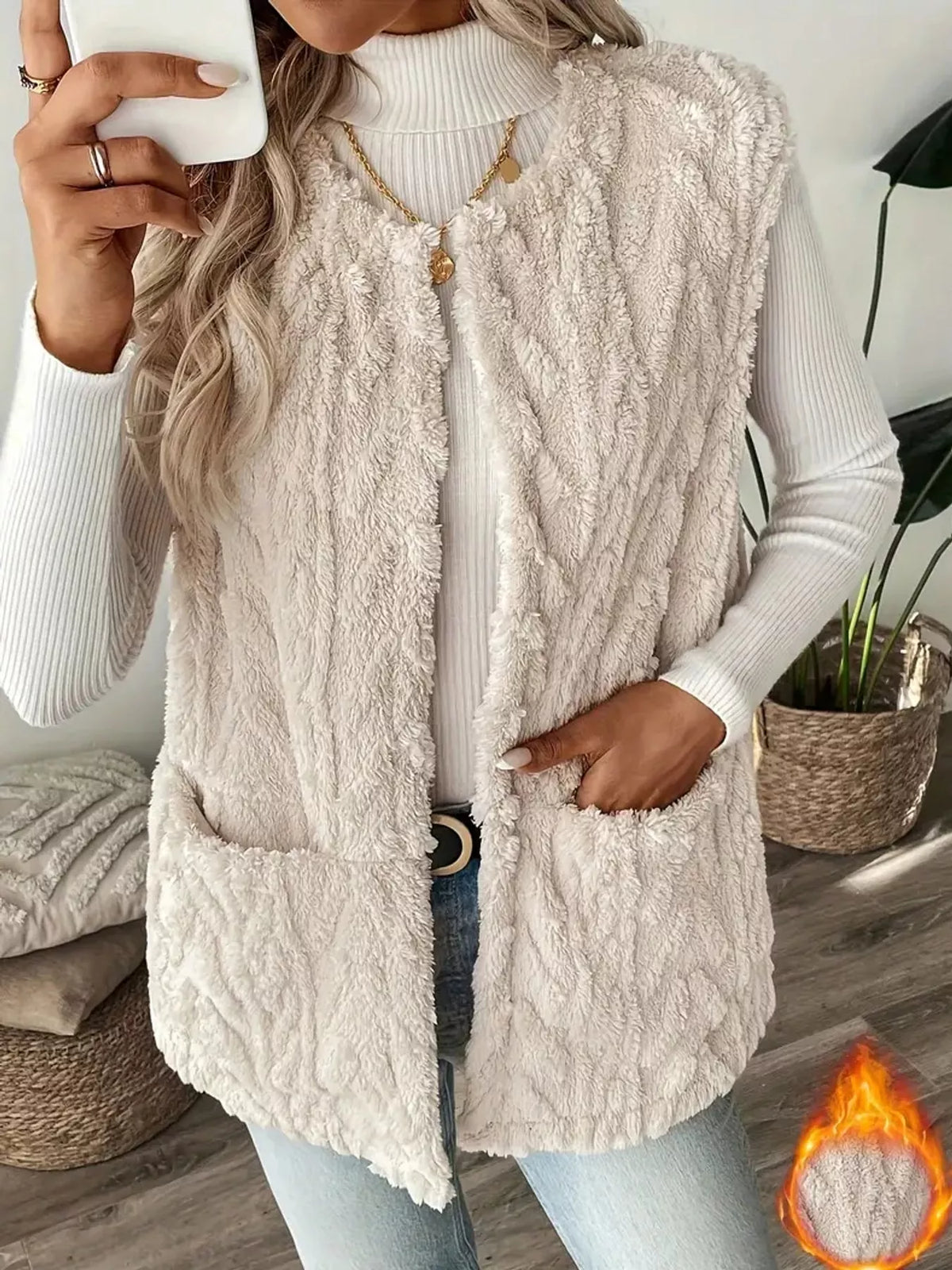 sherpa open front vest coat – pocketed,thermal closure | dropsona - neutral - close-up detail
