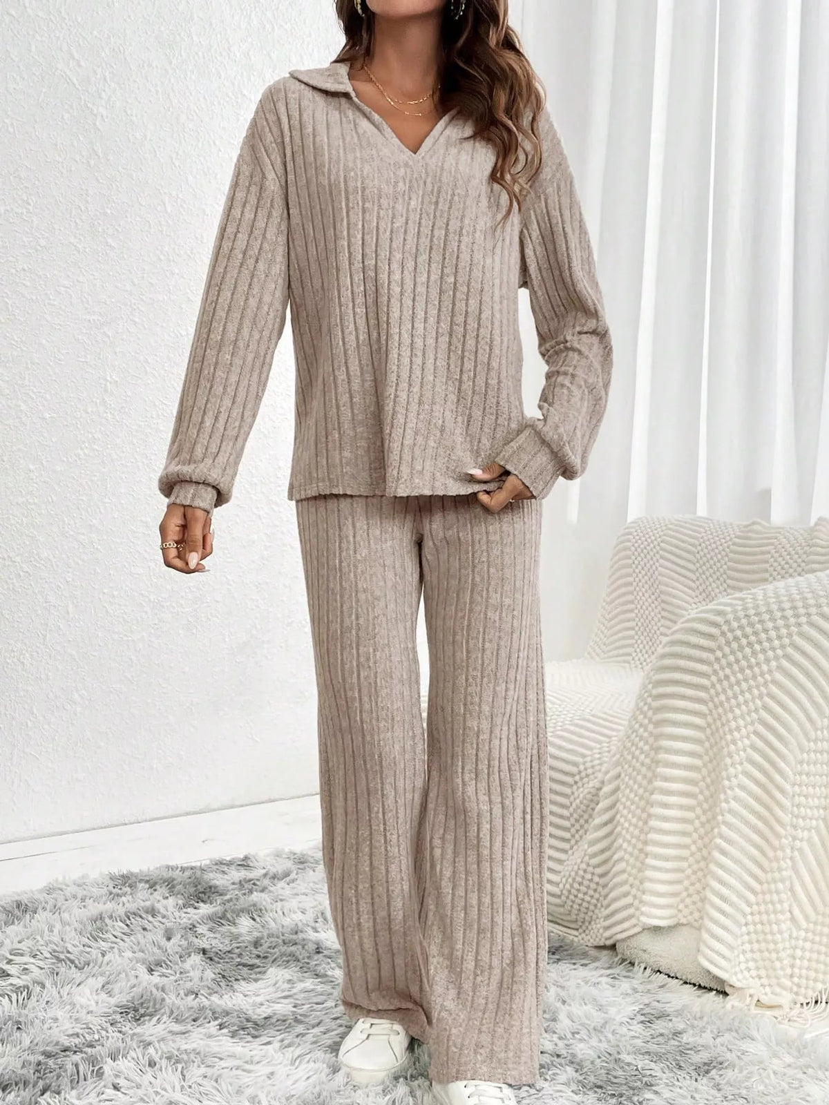 ribbed knit collared top and wide leg pants set | dropsona - neutral - material texture
