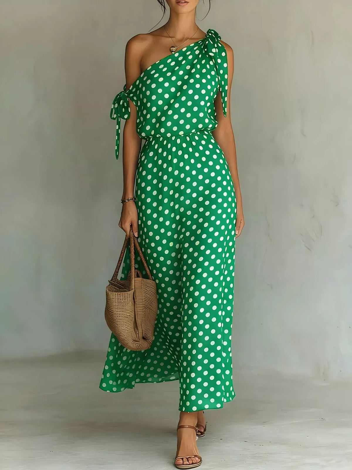full size polka dot one-shoulder maxi dress plus | dropsona - neutral - material texture