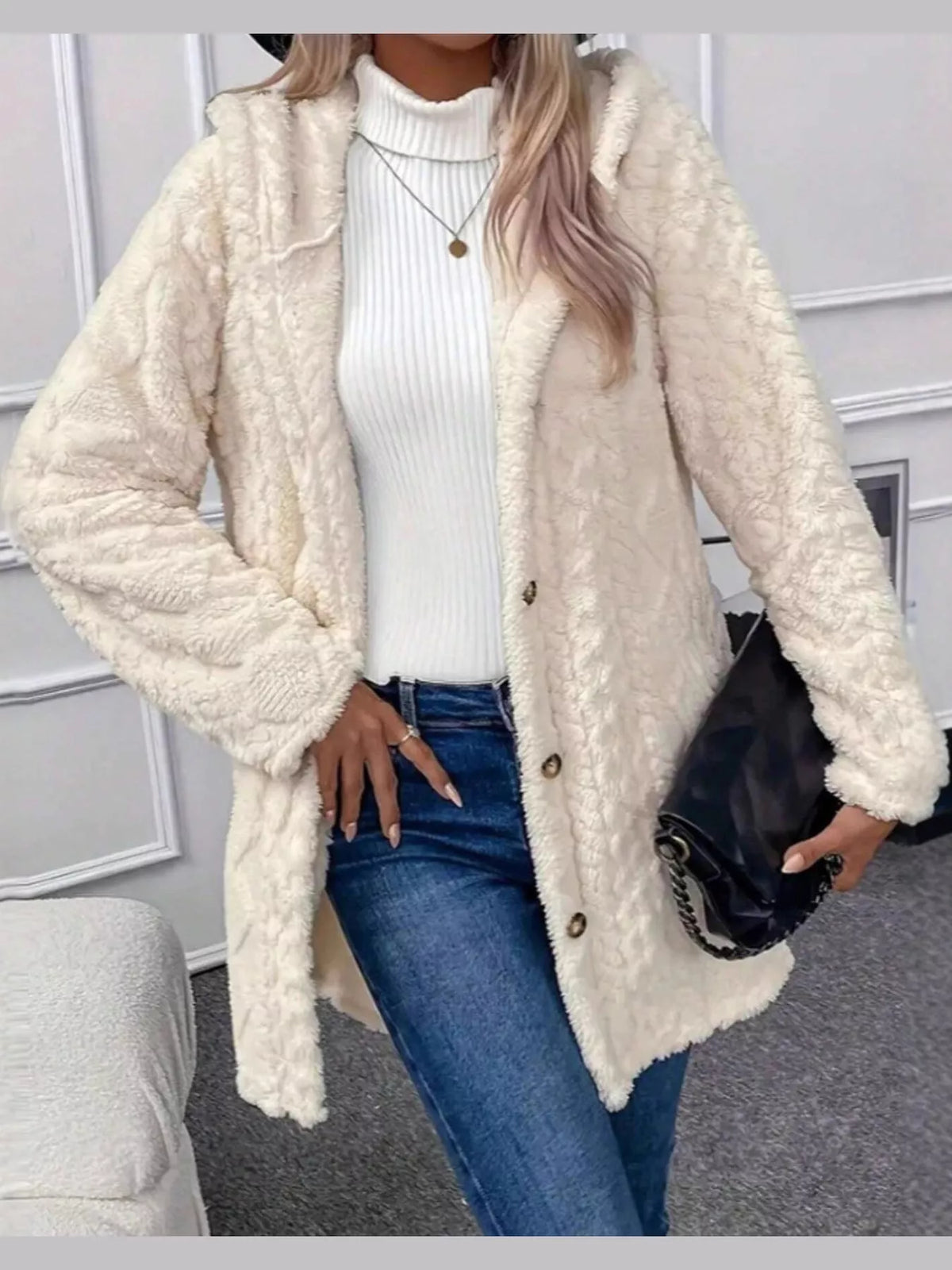 cozy cable-knit faux shearling hooded outerwear | dropsona - neutral - close-up detail