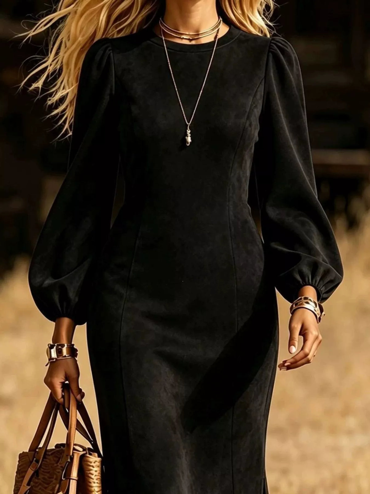 fringe round neck balloon sleeve dress – | dropsona - neutral - material texture