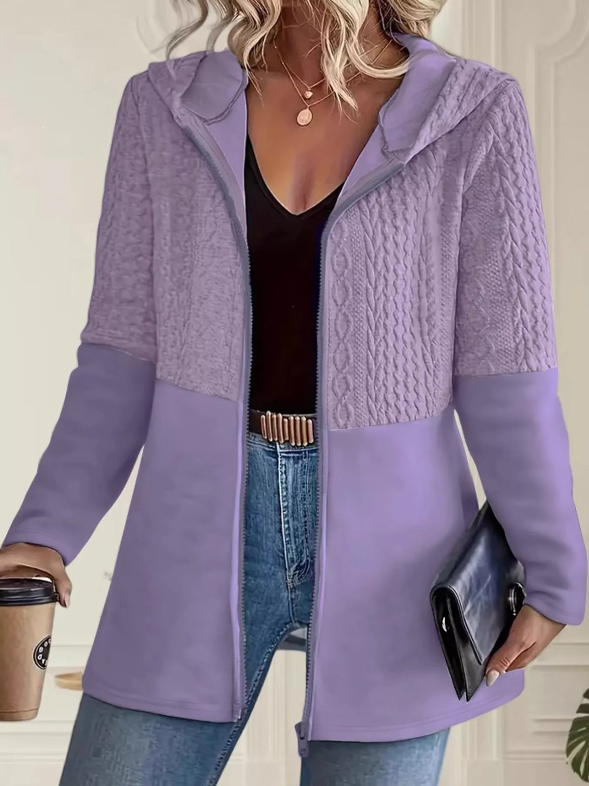 full size textured hooded zip-up jacket plus | dropsona - neutral - front view