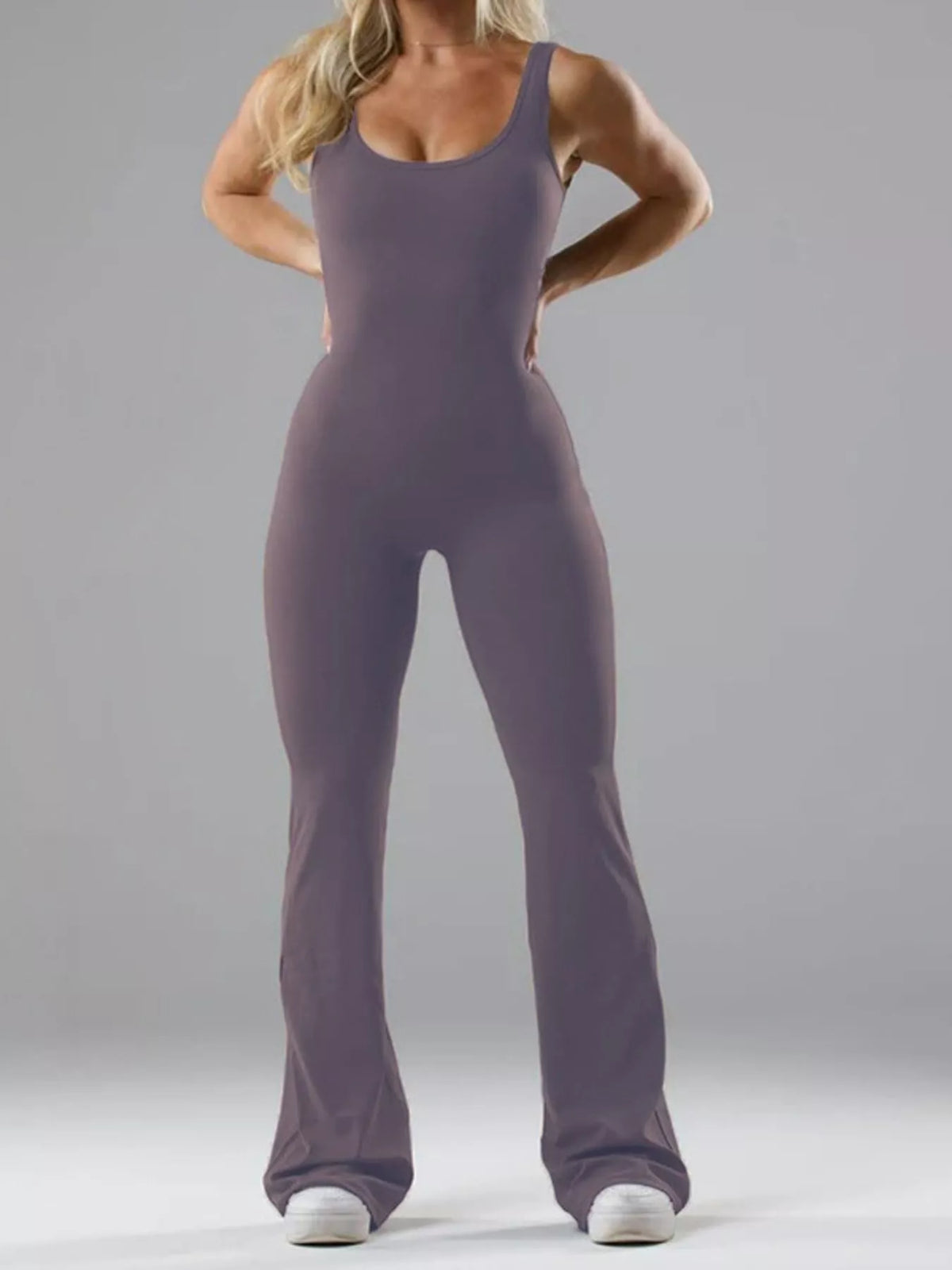 seamless scoop neck active jumpsuit with flared leg | dropsona - neutral - size reference