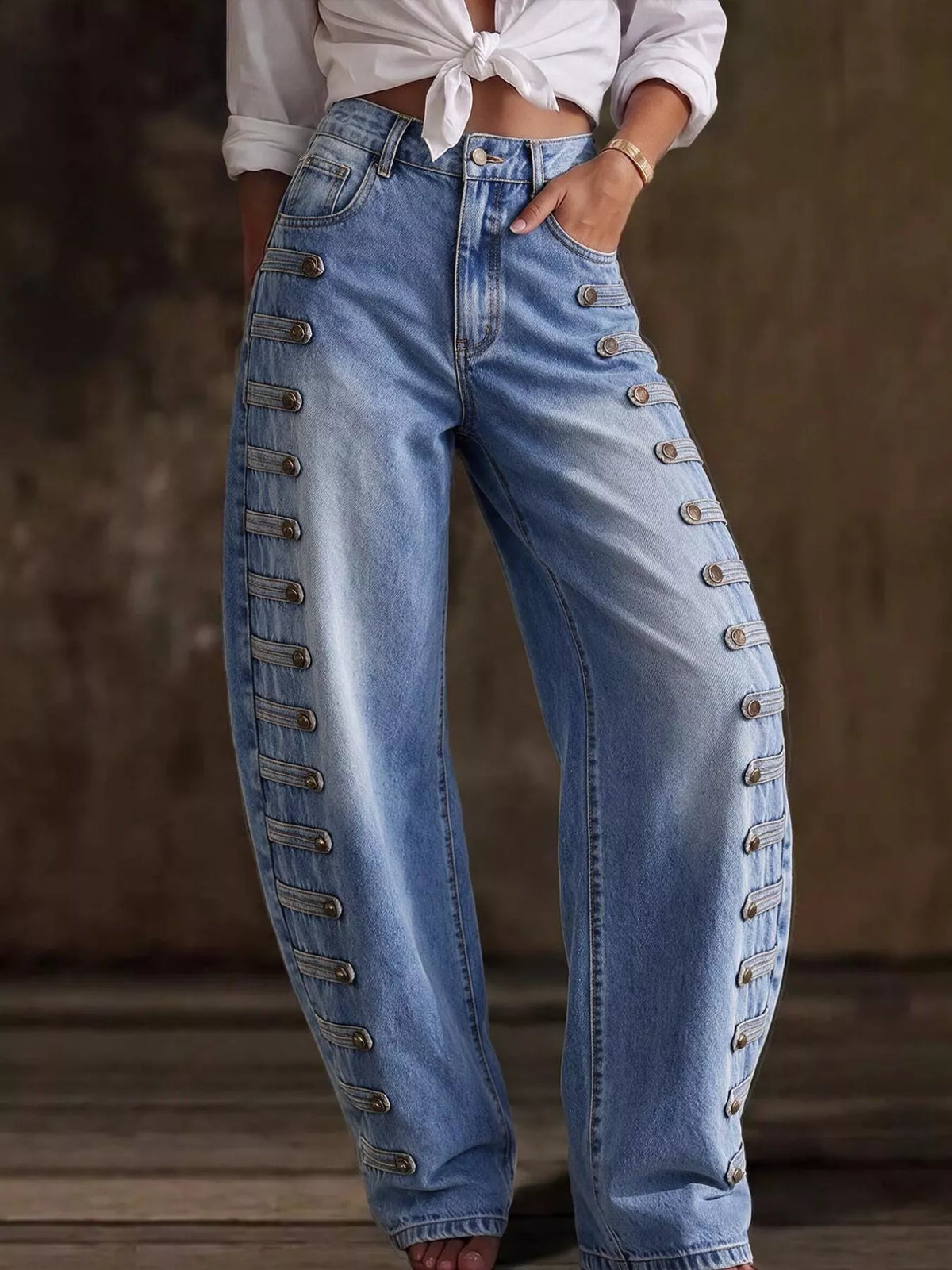 decorative button wide leg jeans – buttoned,pocketed | dropsona - neutral - close-up detail