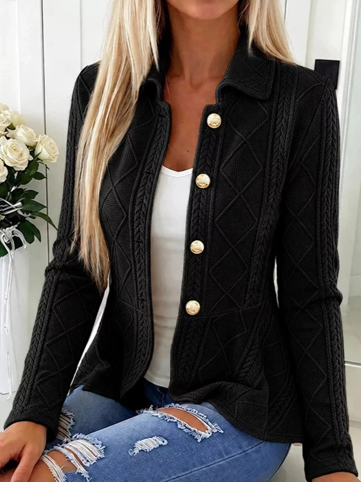cable-knit button up cardigan | dropsona polyester 100% - neutral - material texture