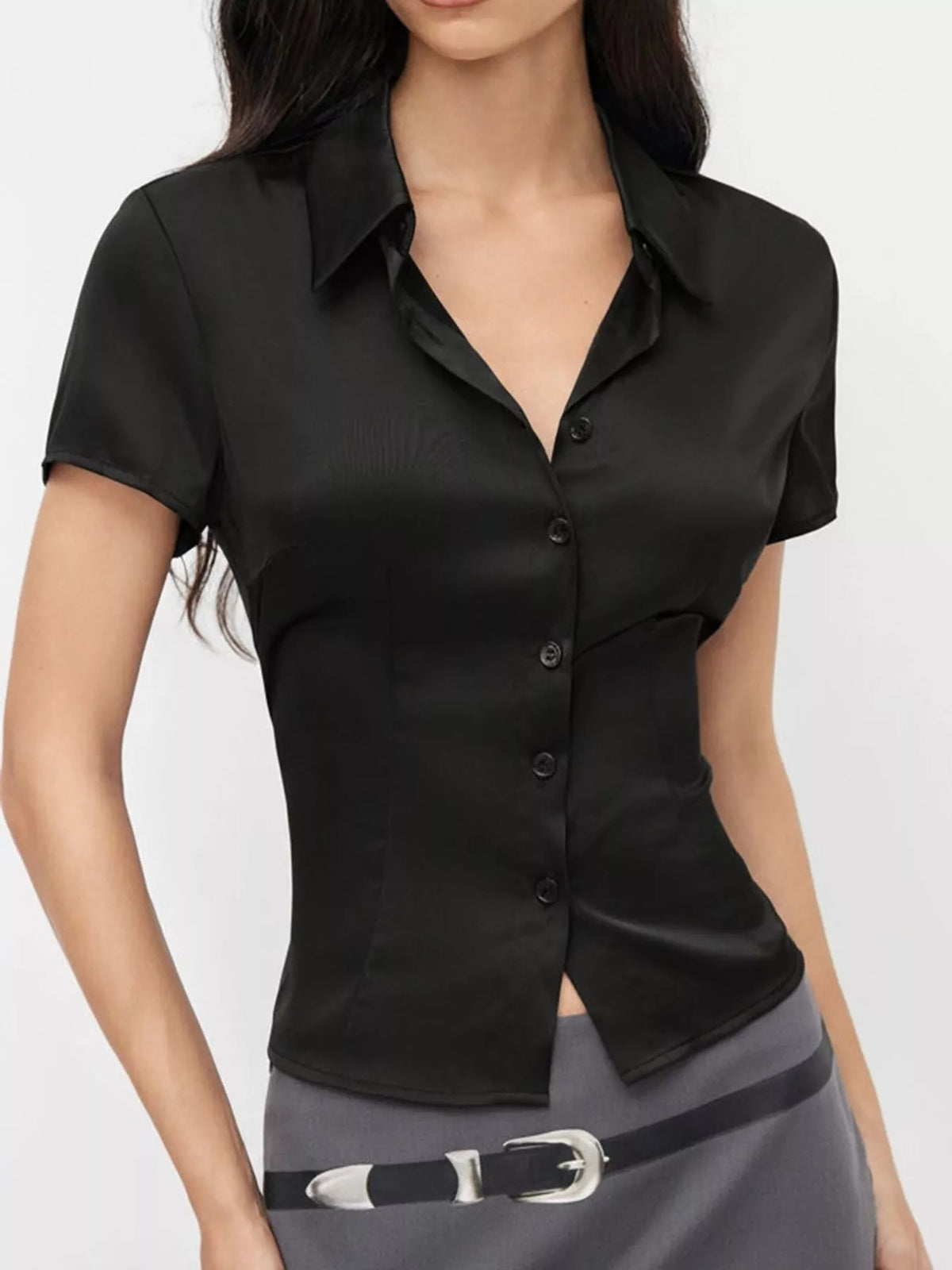 satin short sleeve button-down shirt | dropsona - neutral - size reference