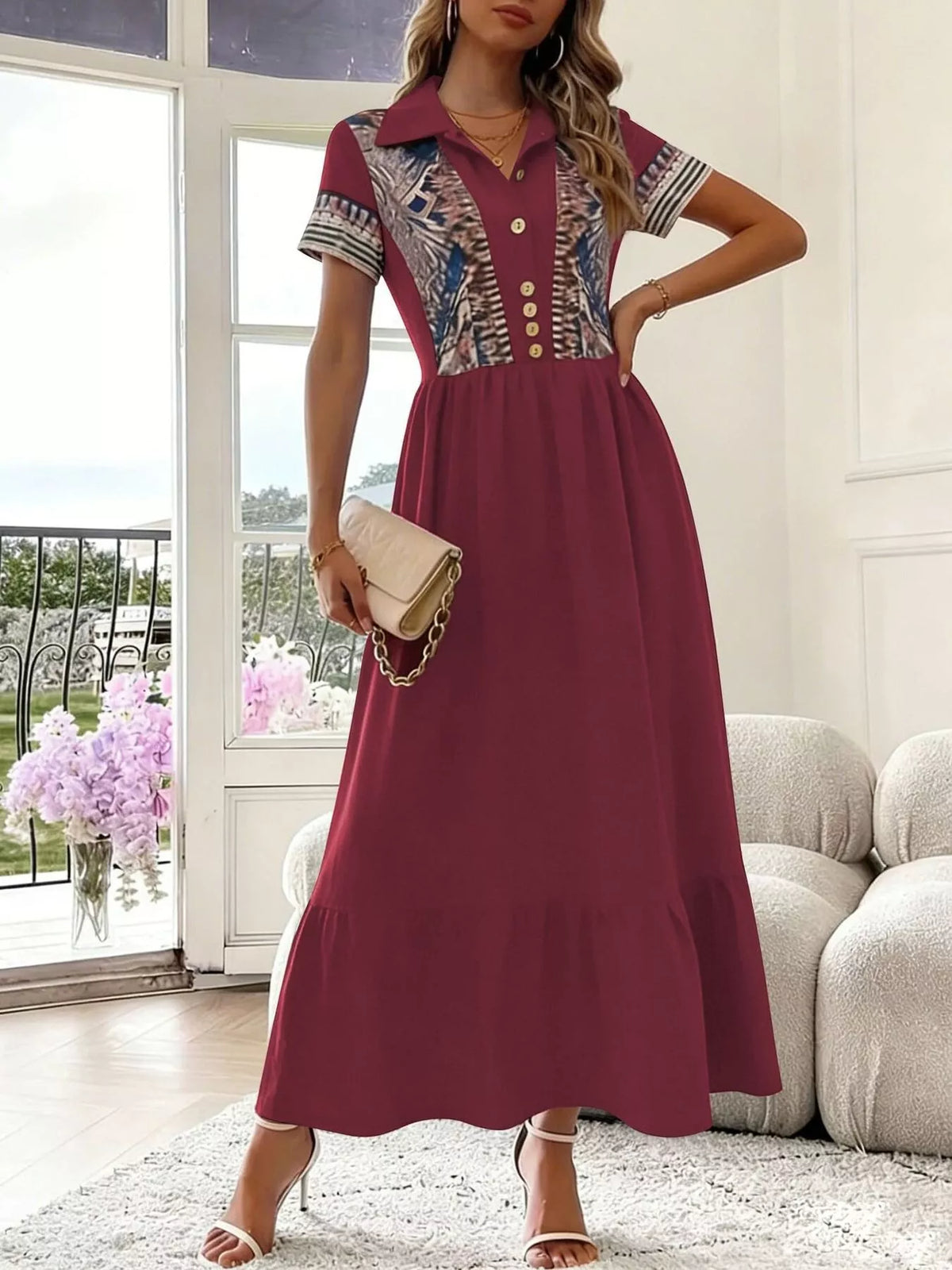 printed button-front maxi dress – buttoned,ruffled | dropsona - neutral - everyday use