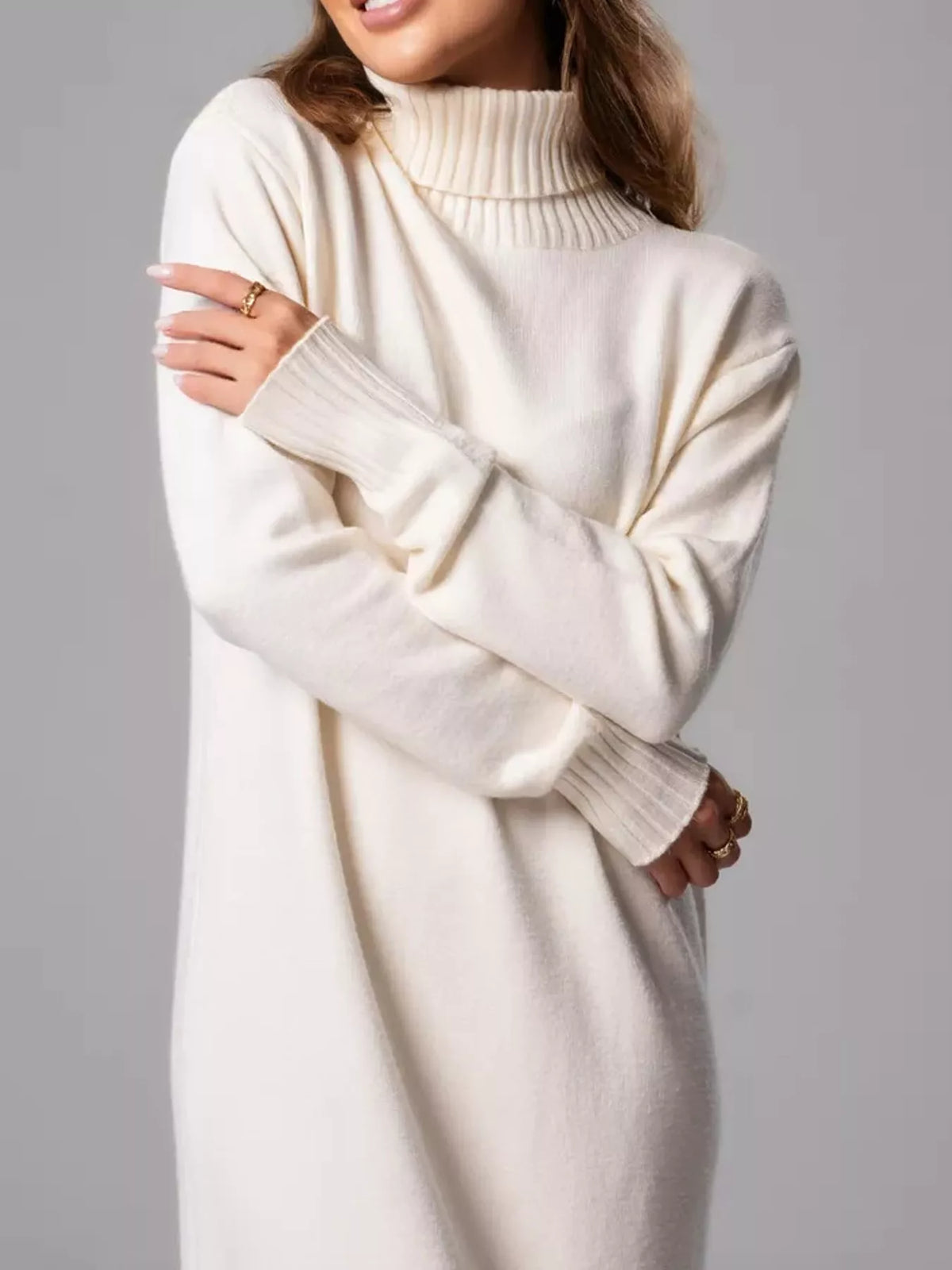 turtleneck ribbed knit sweater dress | dropsona - neutral - front view