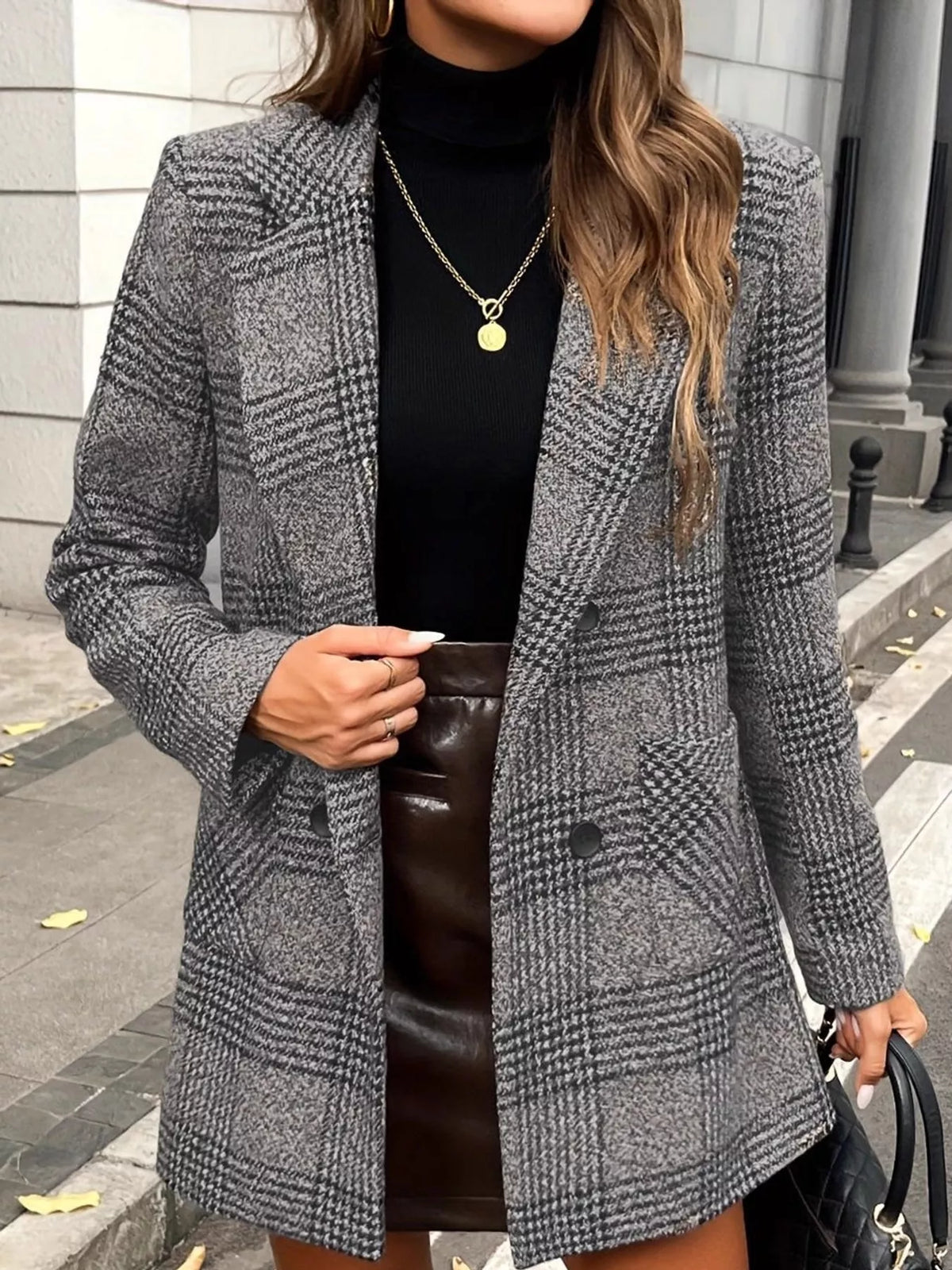 plaid lapel collar outerwear | dropsona polyester 100% - neutral - front view