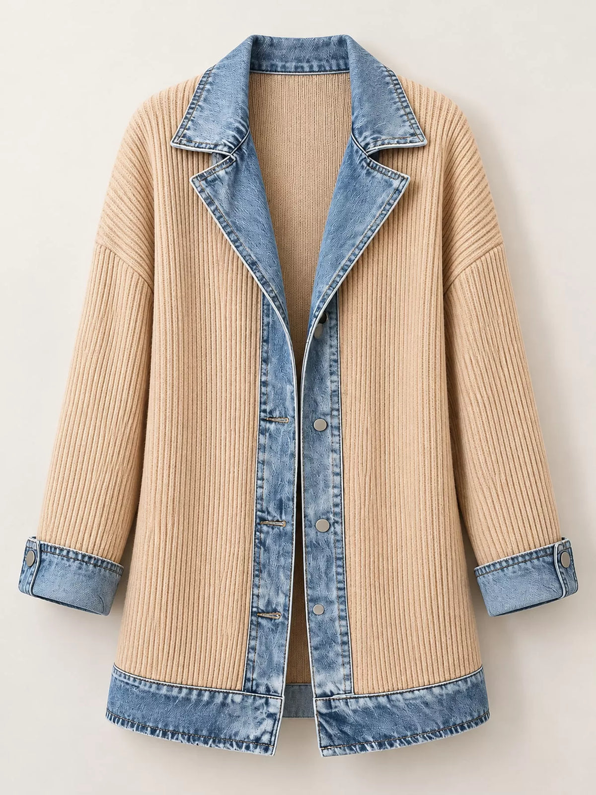 full size denim trim ribbed knit cardigan plus | dropsona - neutral - size reference