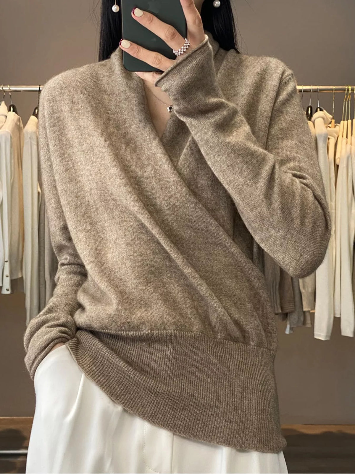 wrap-front long sleeve sweater – crisscross,ribbed fit | dropsona - neutral - everyday use