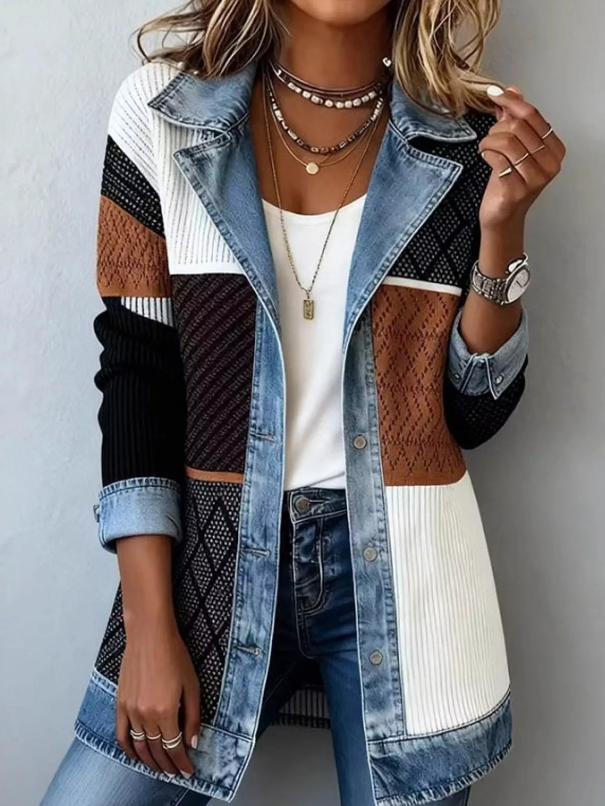 full size denim trim ribbed knit cardigan plus | dropsona - neutral - size reference