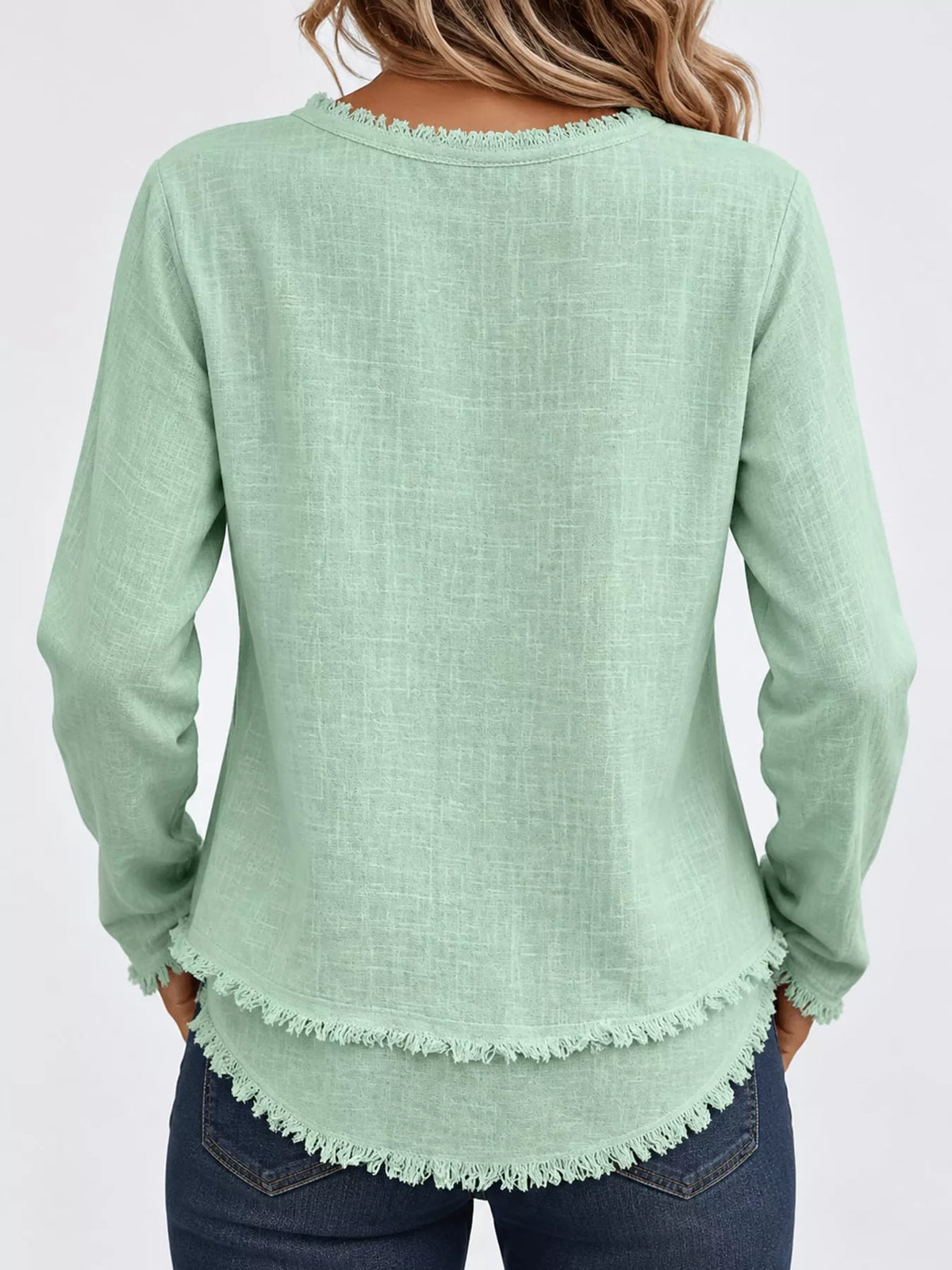 full size frayed hem v-neck blouse plus | dropsona - neutral - close-up detail