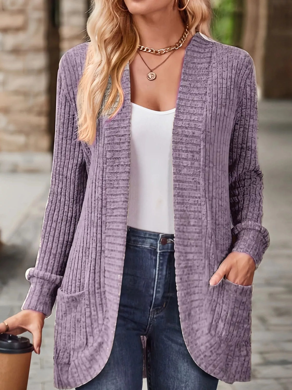 ribbed knit open front cardigan with pockets | dropsona - neutral - close-up detail
