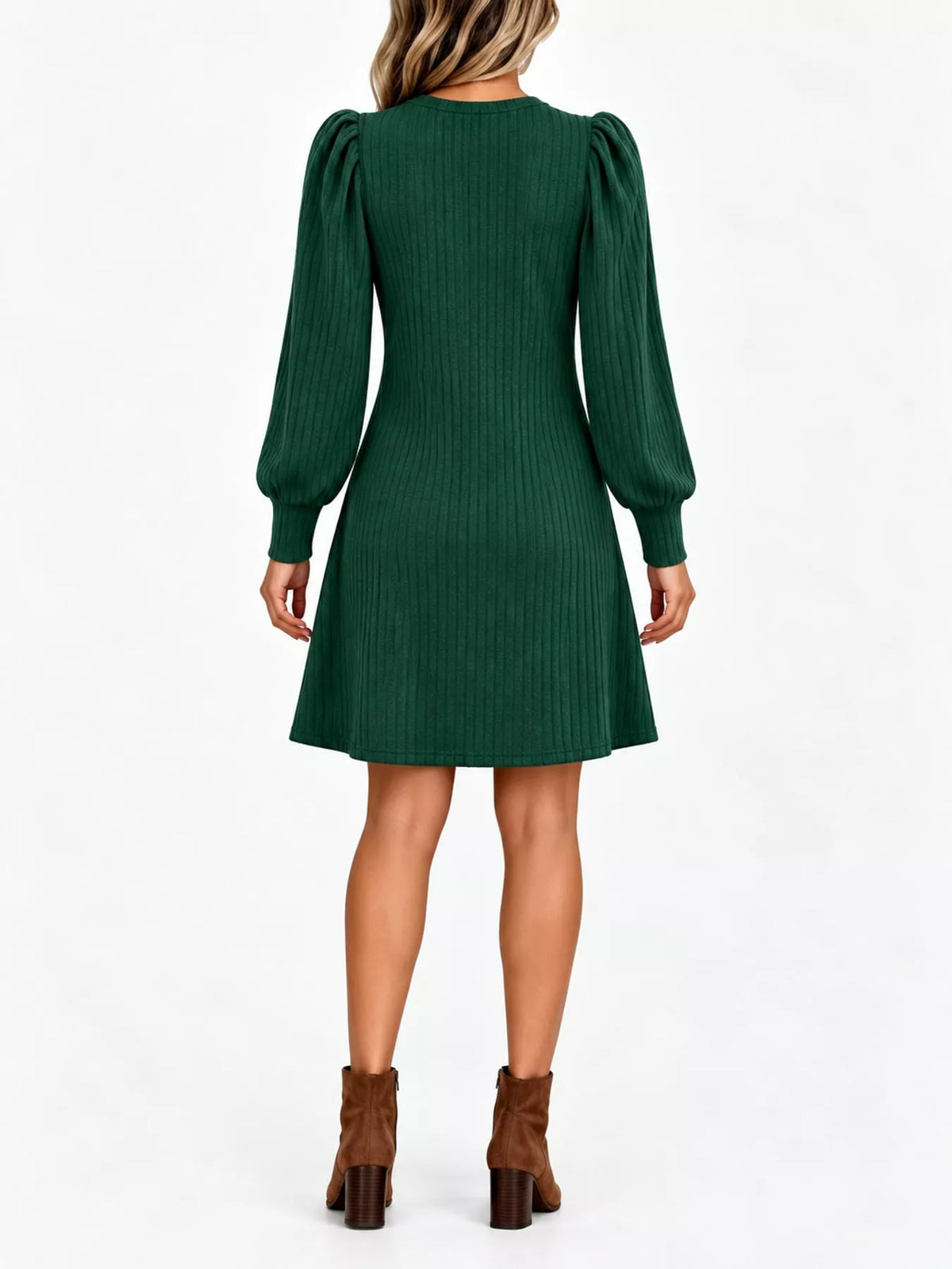 puff sleeve ribbed knit dress with pockets | dropsona - neutral - front view